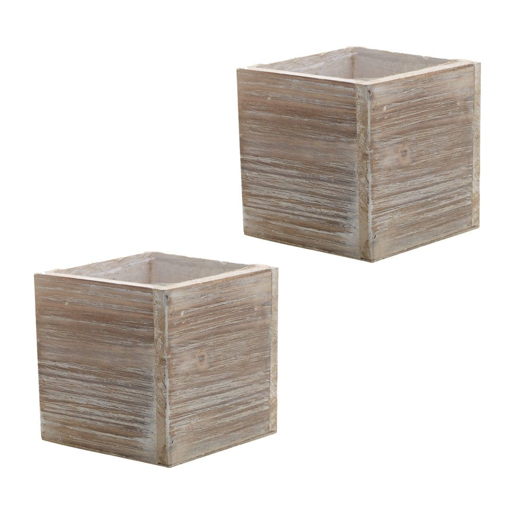 Wood Planter Box, Rustic Whitewash, 6 Inch, Wedding Decor and Floral Arrangements, Country House Charm, Plastic Liners, Wooden Square, Natural Style, (Beige) (Set of 2)