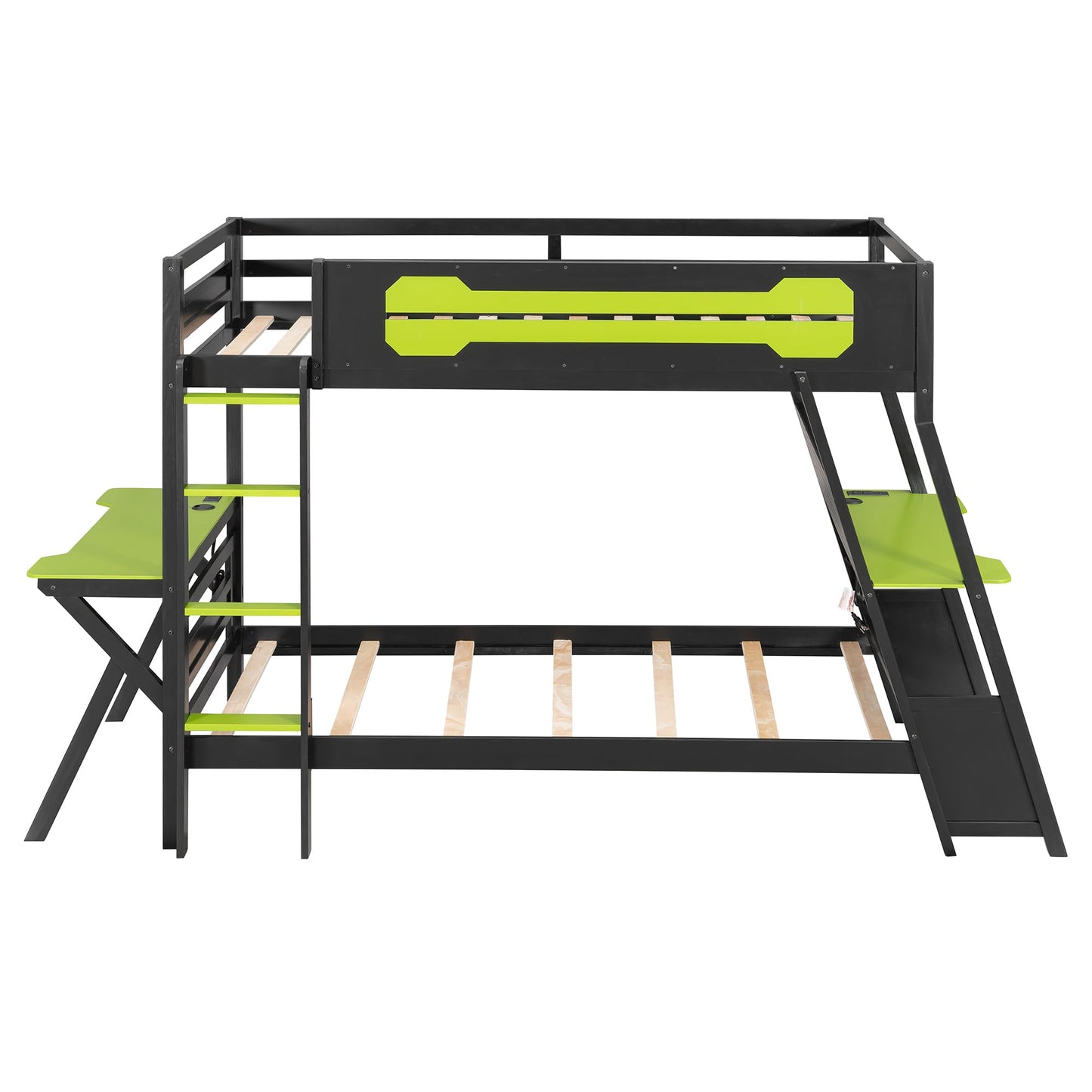 DNYN Gaming Bunk Bed with Dual Built-in Desks and USB Ports for Teens/Adults Bedroom, Twin Size Wooden Bed Frame with Pegboard Organizer/Ladder/Guardrails, No Box Spring Needed & Space-Saving