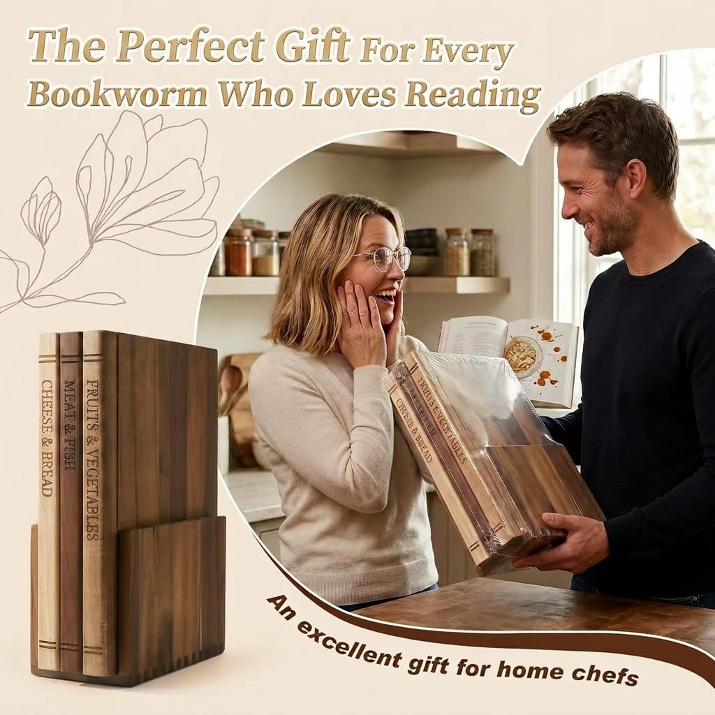 WoofWahouse Book Cutting Board Set - Food Safe, Non-Slip Chopping Boards for Kitchen Organization and Stylish Serving,Acacia Wood