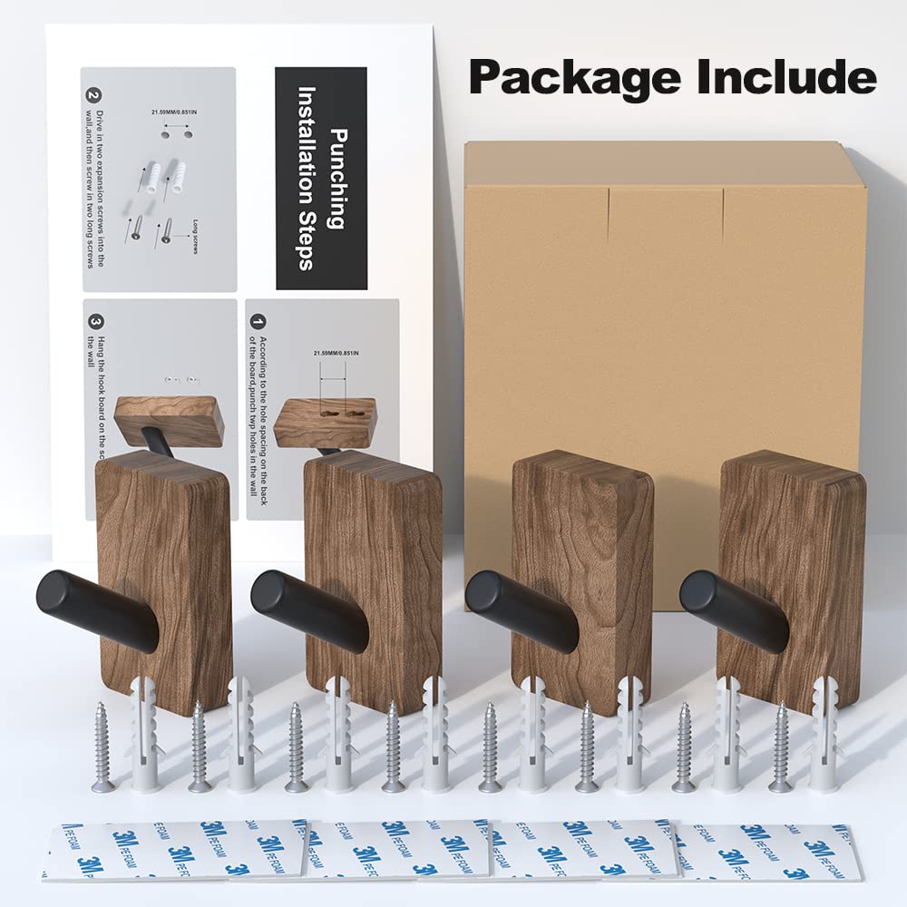 IURRDOP 4 PCS Black Walnut Wood Wall Hooks, Adhesive Mounted & Wall Mounted Rustic Decorative Entryway Hooks, Mid Century Modern Natural Wooden Pegs for Hanging Coat Clothes Hat Bag Purse and Towel