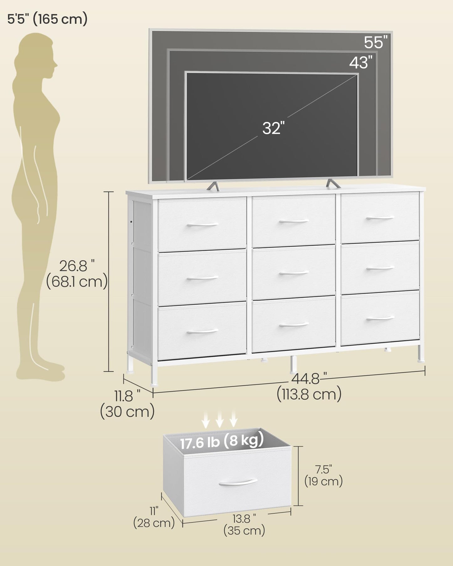 SONGMICS BELLAH Collection - Dresser for Bedroom, TV Stand for TVs Up to 55 Inches, Chest of Drawers for Living Room, Closet, Steel, 9 Drawers, Modern, Cloud White ULGS033WH02S