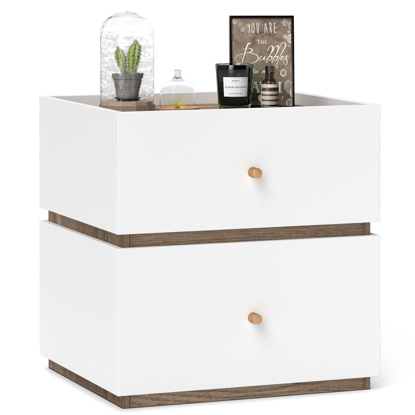 Giantex Modern Nightstand with 2 Storage Drawers, Wooden Night Stand with Raised Edge, Floor Sofa Side Table, 2-Drawer Bedside Table for Bedroom Small Spaces, 18" W x 15.5" D x 18" H, Natural & White