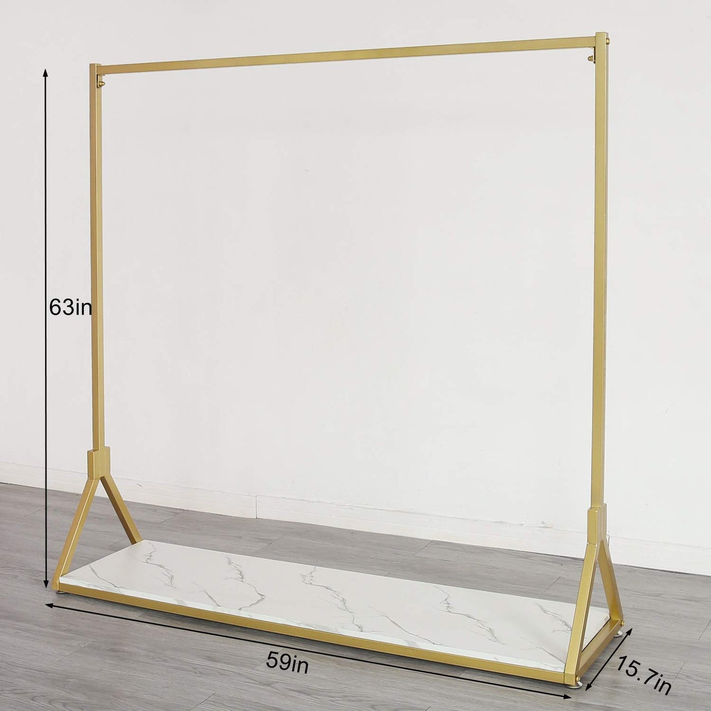 HOMEKAYT Gold Clothing Rack with Wooden Shelf for Boutique Retail Heavy Duty Hanging Rack- 59’’L