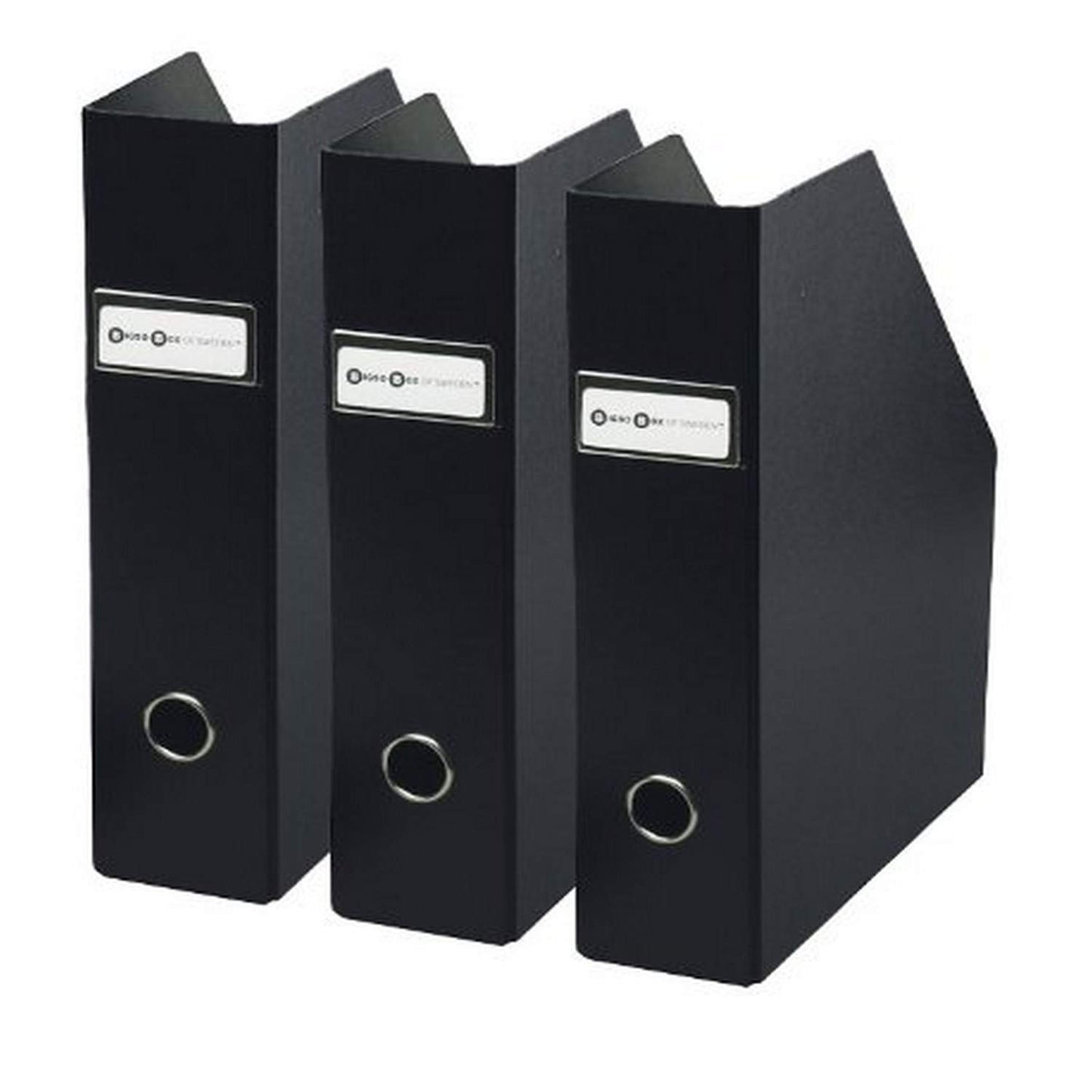 Bigso Fiona 3 Piece Fiberboard Upright Magazine Storage Boxes | Durable Magazine Holder for Papers with Metal Label Holder | Magazine File Holder for Office Desks | 3.3’’x10’’x12.4’’ | 3 Piece | Black