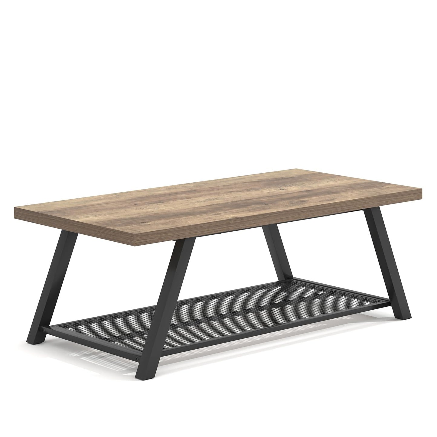 FOLUBAN Coffee Table with Storage, Modern Rustic Wood and Metal Coffee Tables for Living Room, Industrial 2-Tier Center Tea Cocktail Table, Oak, 47 Inch