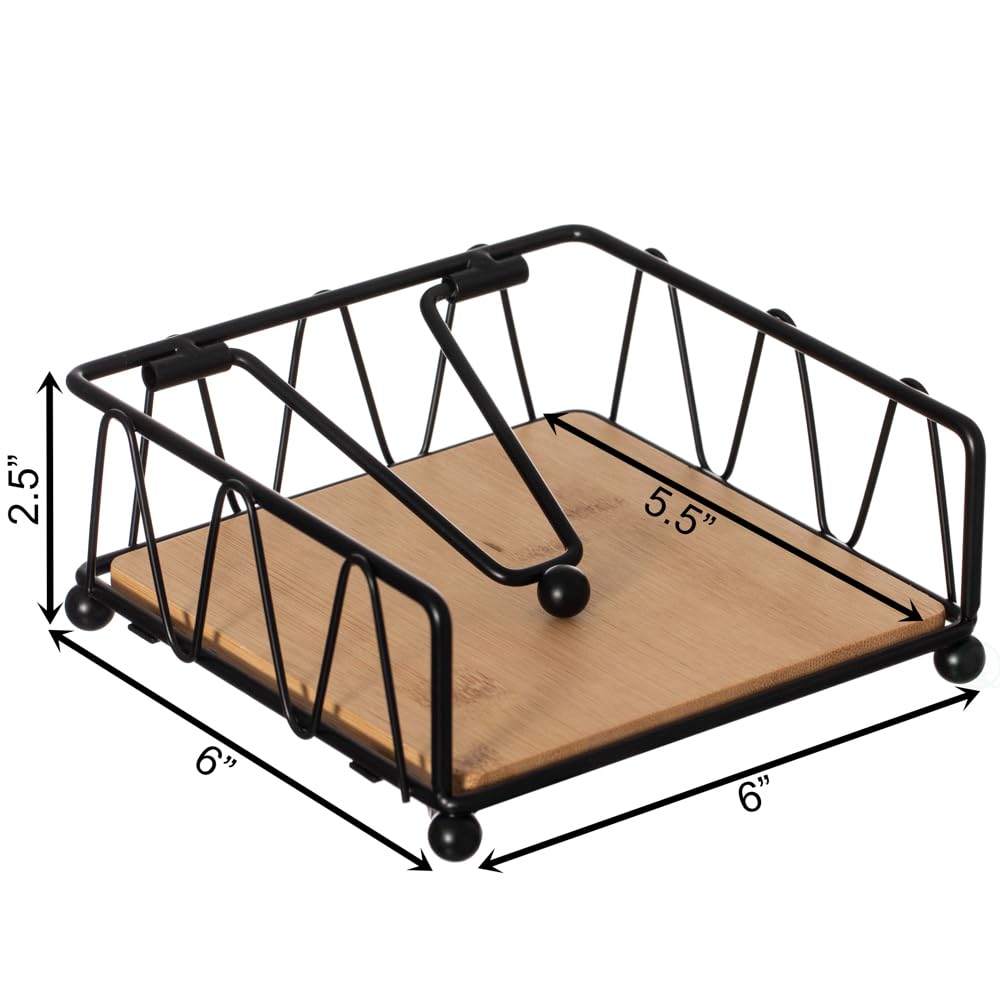 Flat Metal Square Napkin Holder with Weighted Arm and a Wooden Tray Perfect for Adorning Dining Table, Kitchen Countertop and Napkin Holder for Bathroom also Good for Outdoor Table at Restaurant