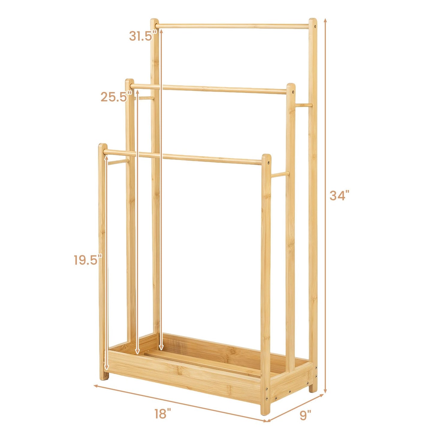 GOFLAME 3-Tier Free Standing Towel Rack with Storage Shelf, Bamboo, Natural