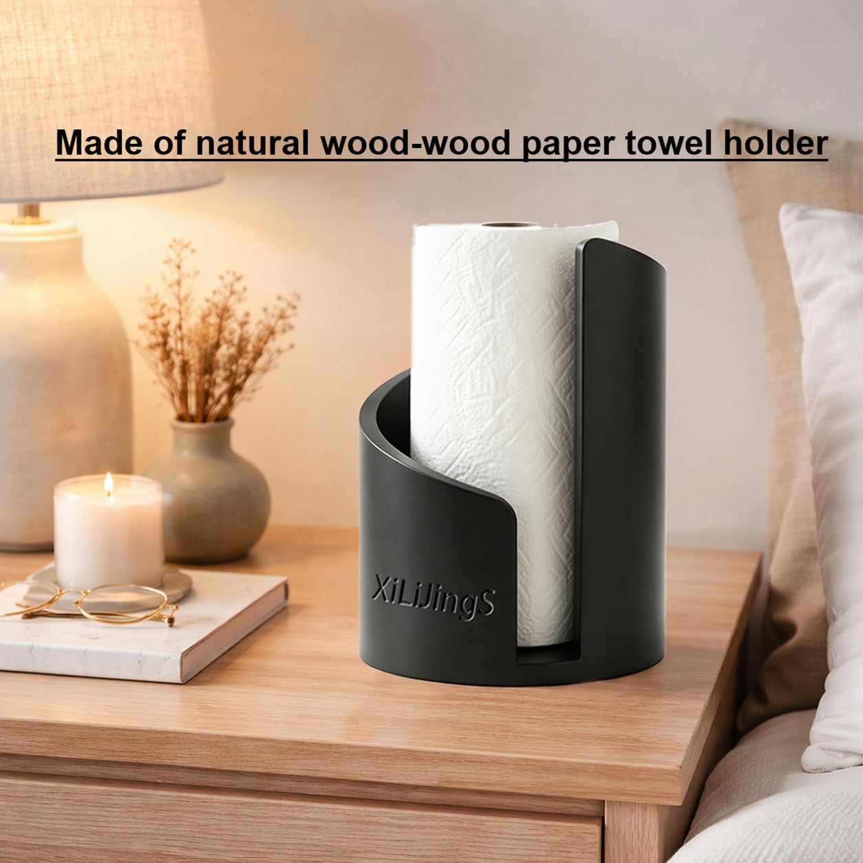 2026 New -Mountain Paper Towel Holder – with Mango Wood,Round Base & Iron Holder, Modern Countertop for Kitchen & Living Room Daily Use (Black)