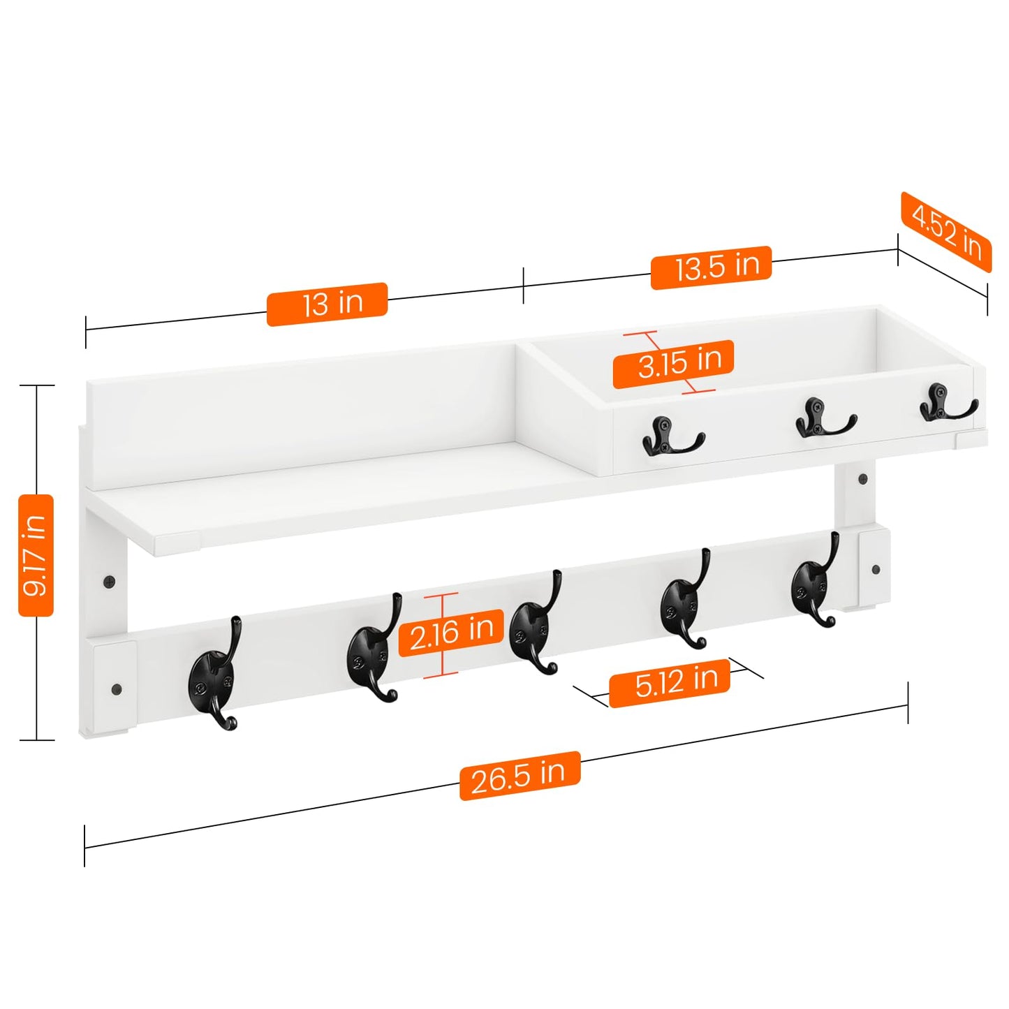 Homode Coat Rack Wall Mount with Hooks and Mail Holder, Entryway Floating Shelf with Key Hooks, Hanging Coat Hanger for Entry, Bathroom, Hallway, Bedroom, White