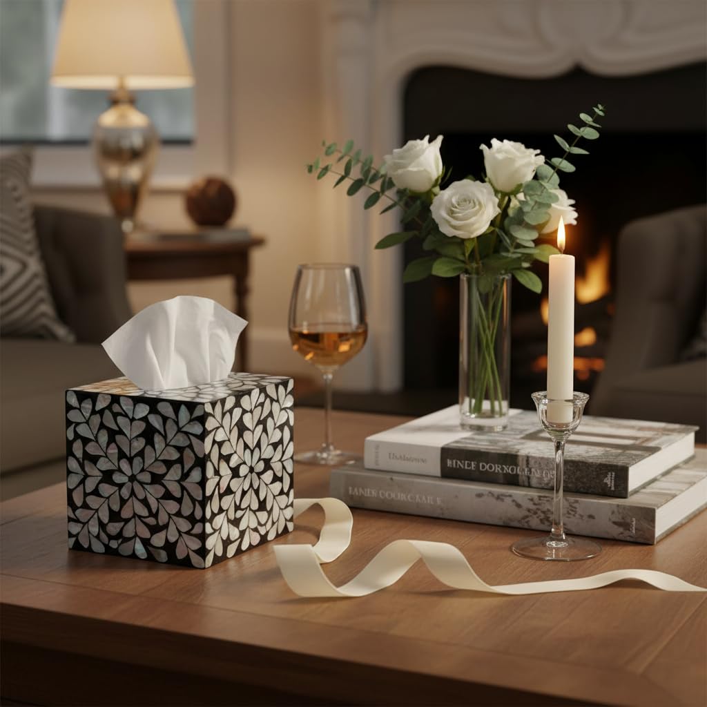 PEMAR Decorative Tissue Box Cover, 5.5” Cube Wooden Tissue Holder with Mother of Pearl Inlay, Farmhouse Rustic Napkin Dispenser for Bathroom, Living Room, Kitchen, Office (White Vines (Standard 5.5")