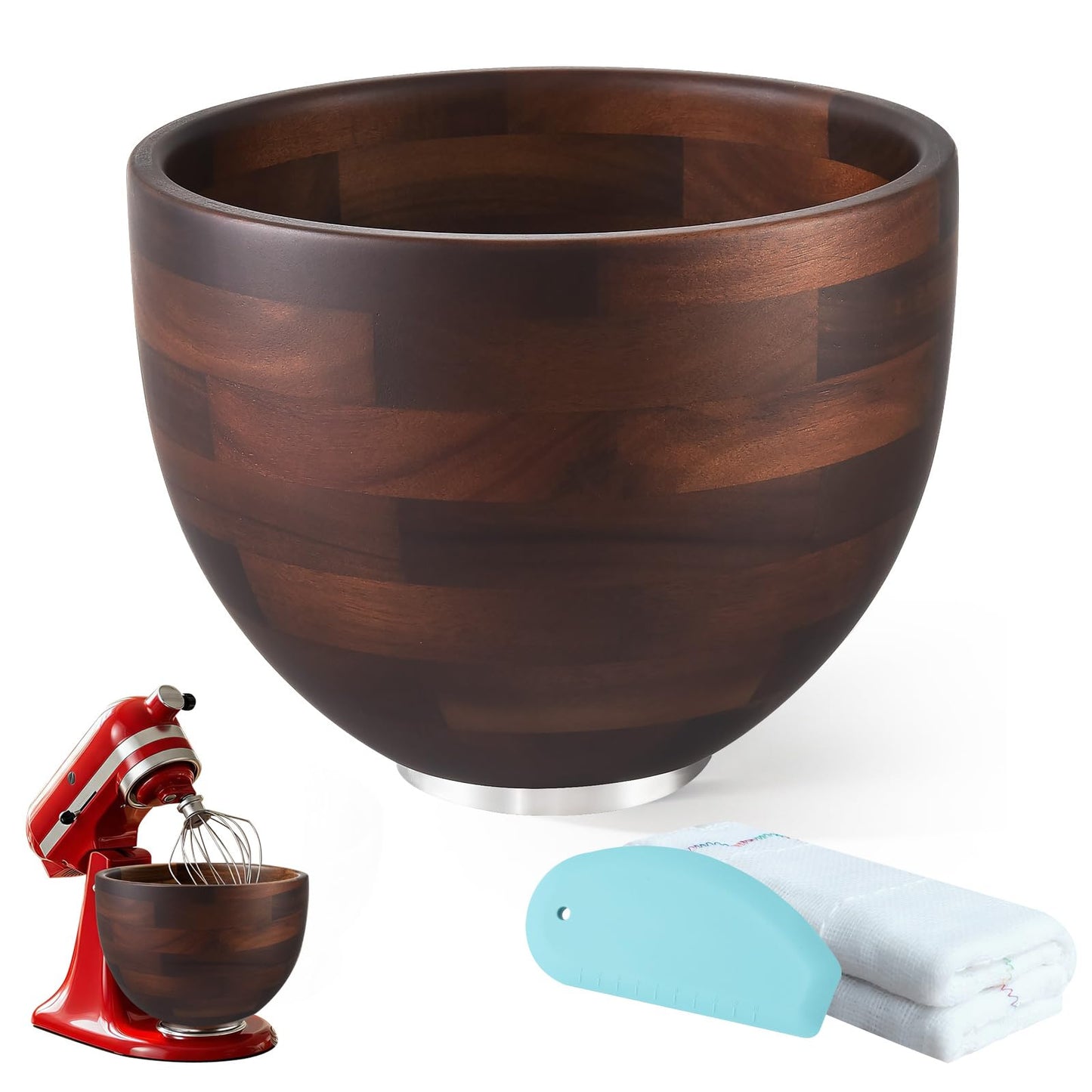 Ciunura Premium Acacia Wooden Mixing Bowl for K45 & KSM150 Series, 4.5&5 Qt Tilt-Head Models, Natural Wood Bowl with Stainless Steel Precision Locking Base for Kitchen Aid Mixers(Acacia)