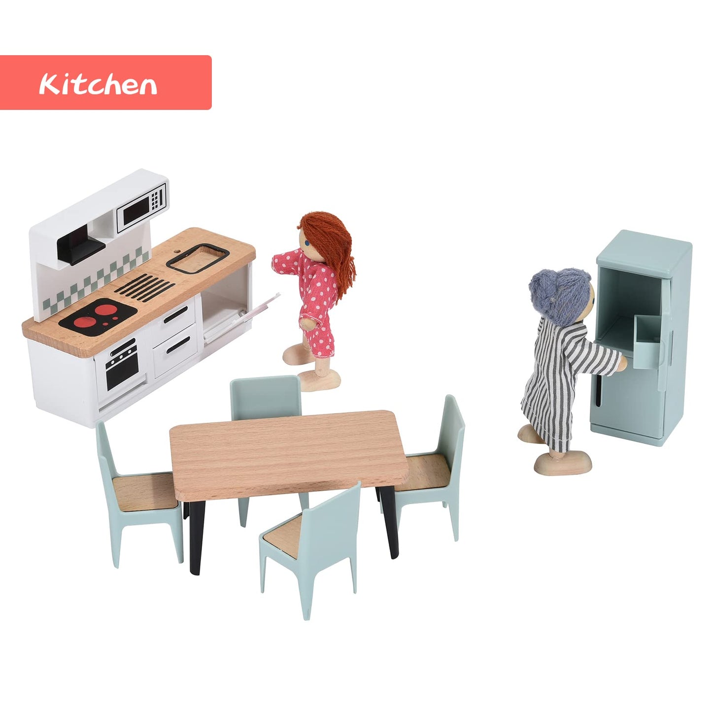 Wooden Dollhouse Furniture Set, 72pcs Furnitures with 8 Family Dolls, Dollhouse Accessories Pretend Play Furniture Toys