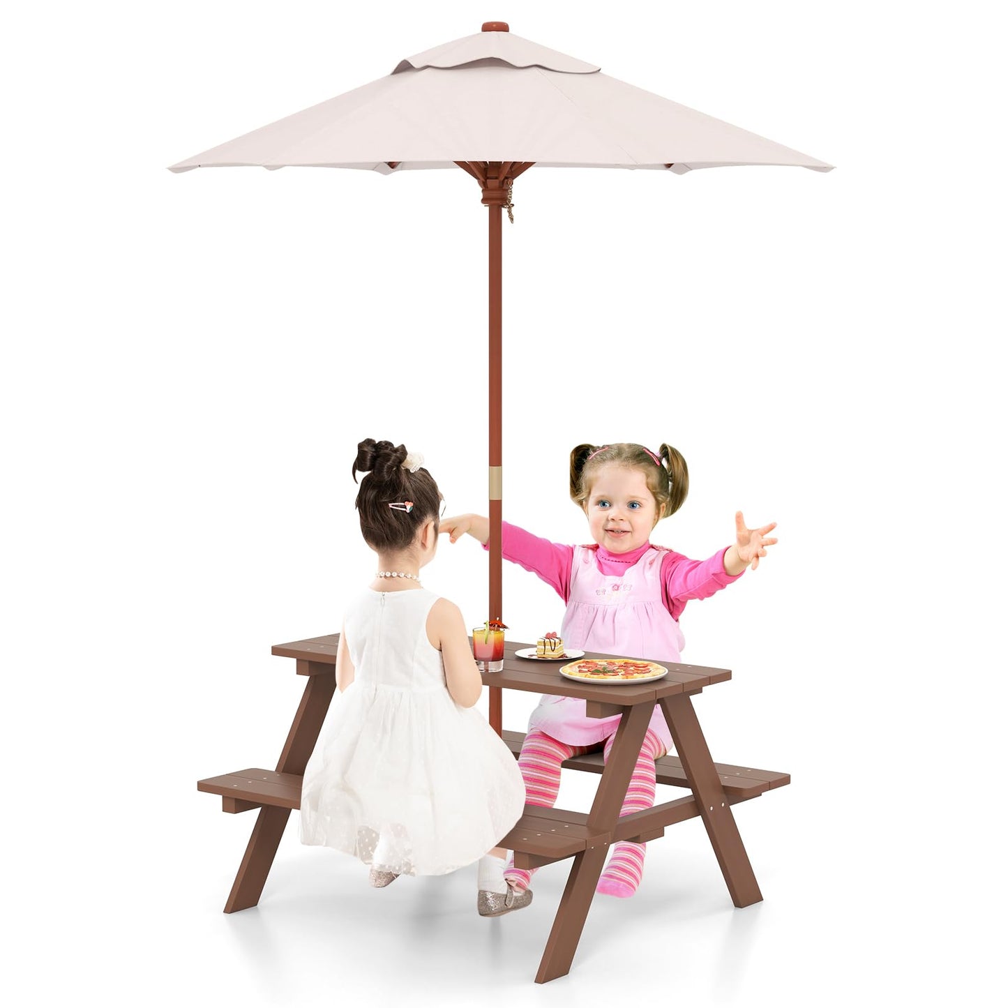 HONEY JOY Kids Picnic Table, Toddler Outdoor Table & Bench Set, Wooden Children Patio Furniture with Folding Umbrella, Kids Picnic Tables for Outdoors, Gift for Boys Girls