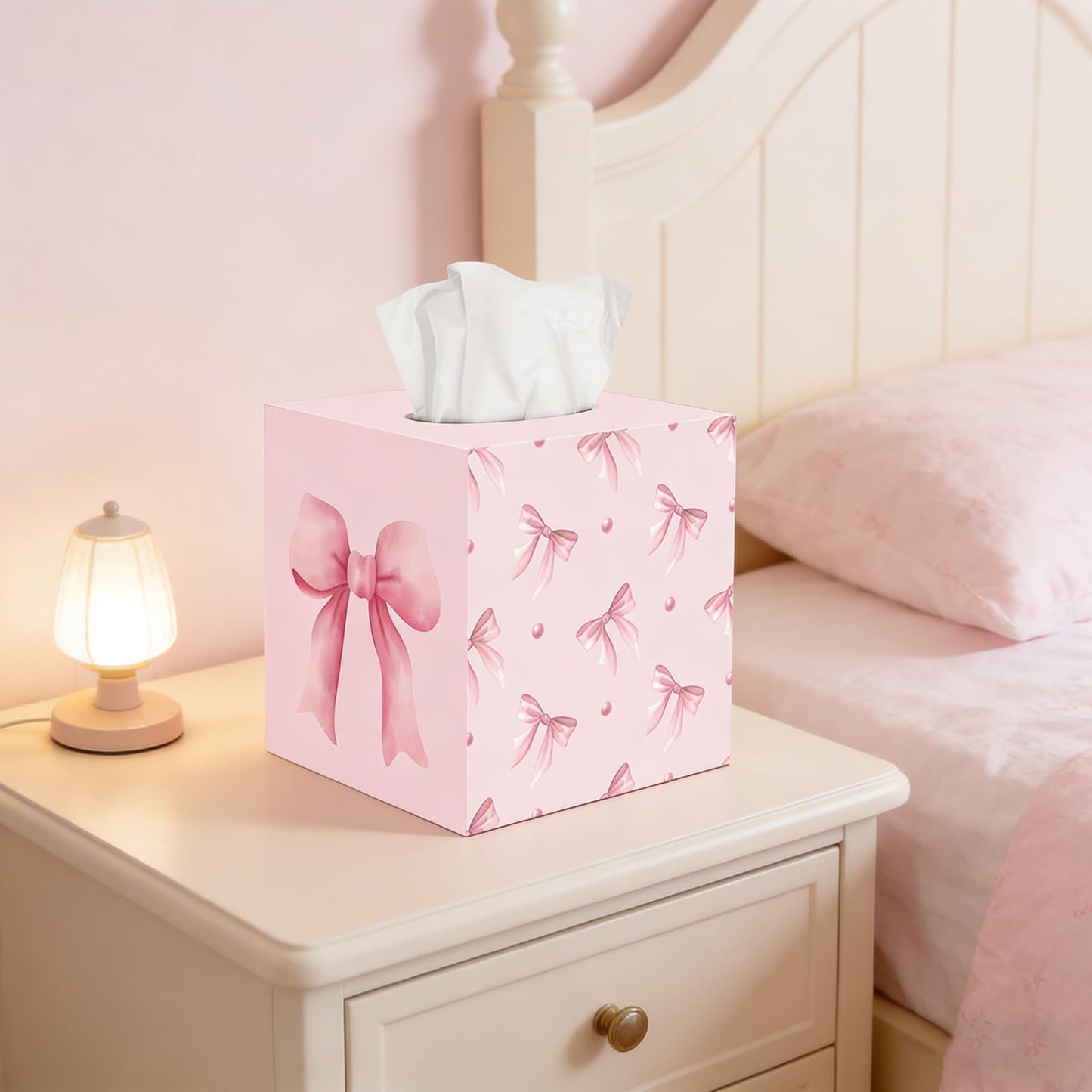 2 Pcs Pink Bow Tissue Box Cover 5.9 x 5.9 x 5.9 Inch Wooden Coquette Bow Decorative Tissue Box Holder Square Paper Towel Holder Cube Boxes Funny Cube Case for Home Pink Party Decorations Supplies