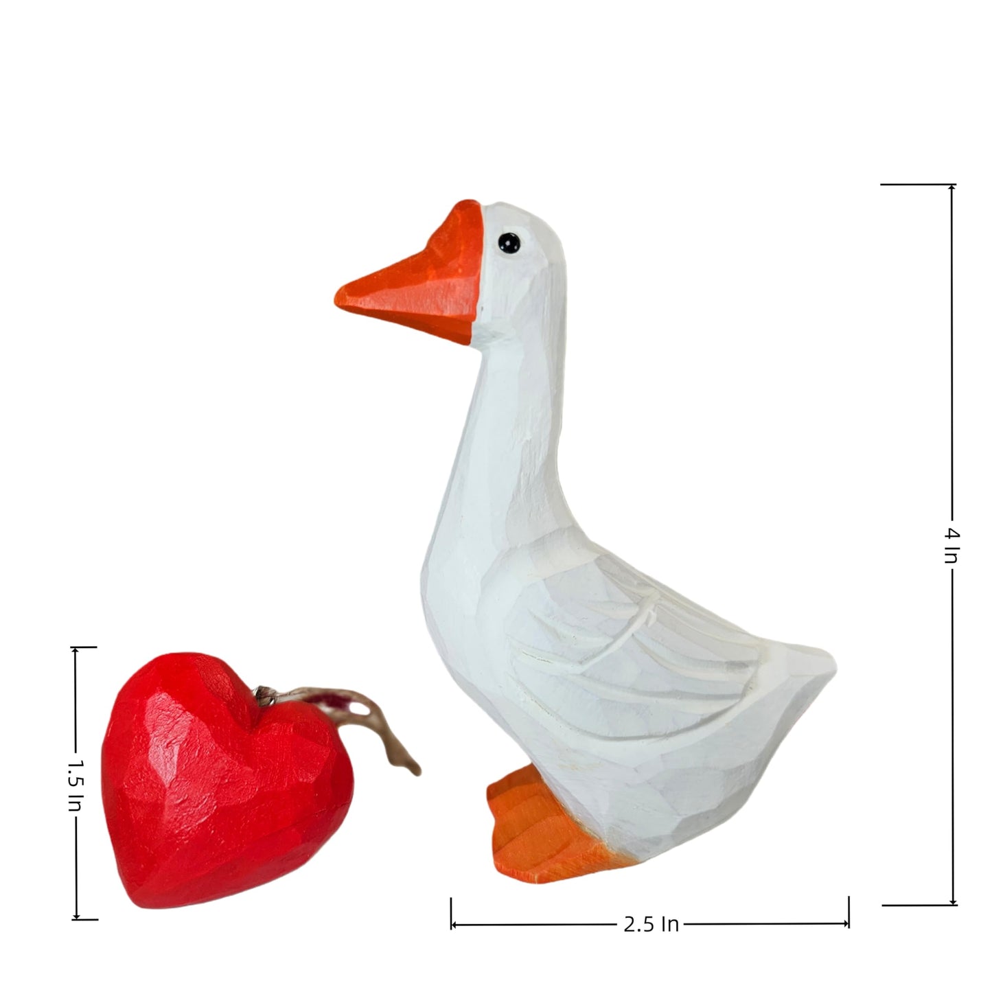 Hand Carved Wooden Goose Figurine with Red Heart - 4 Inch Cute Animal Statue for Home Decor, Shelf, Nightstand - Unique Valentine’s Day for Her, Wife, Girlfriend - Rustic Accent