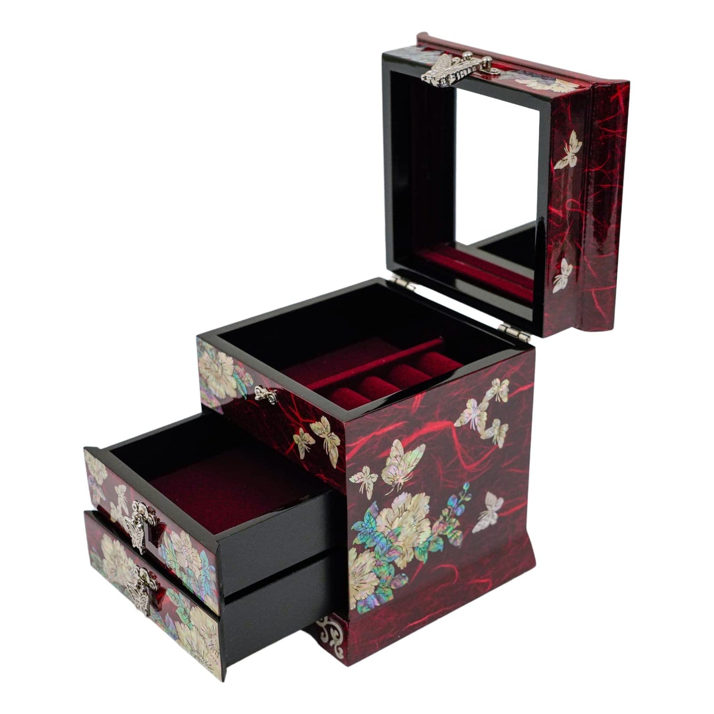 February Mountain Mother of Pearl Jewelry Box with 2 Drawers Gifts for Women Mom Wife Best Friend Birthday Mothers day Wedding Valentine Day (Red)