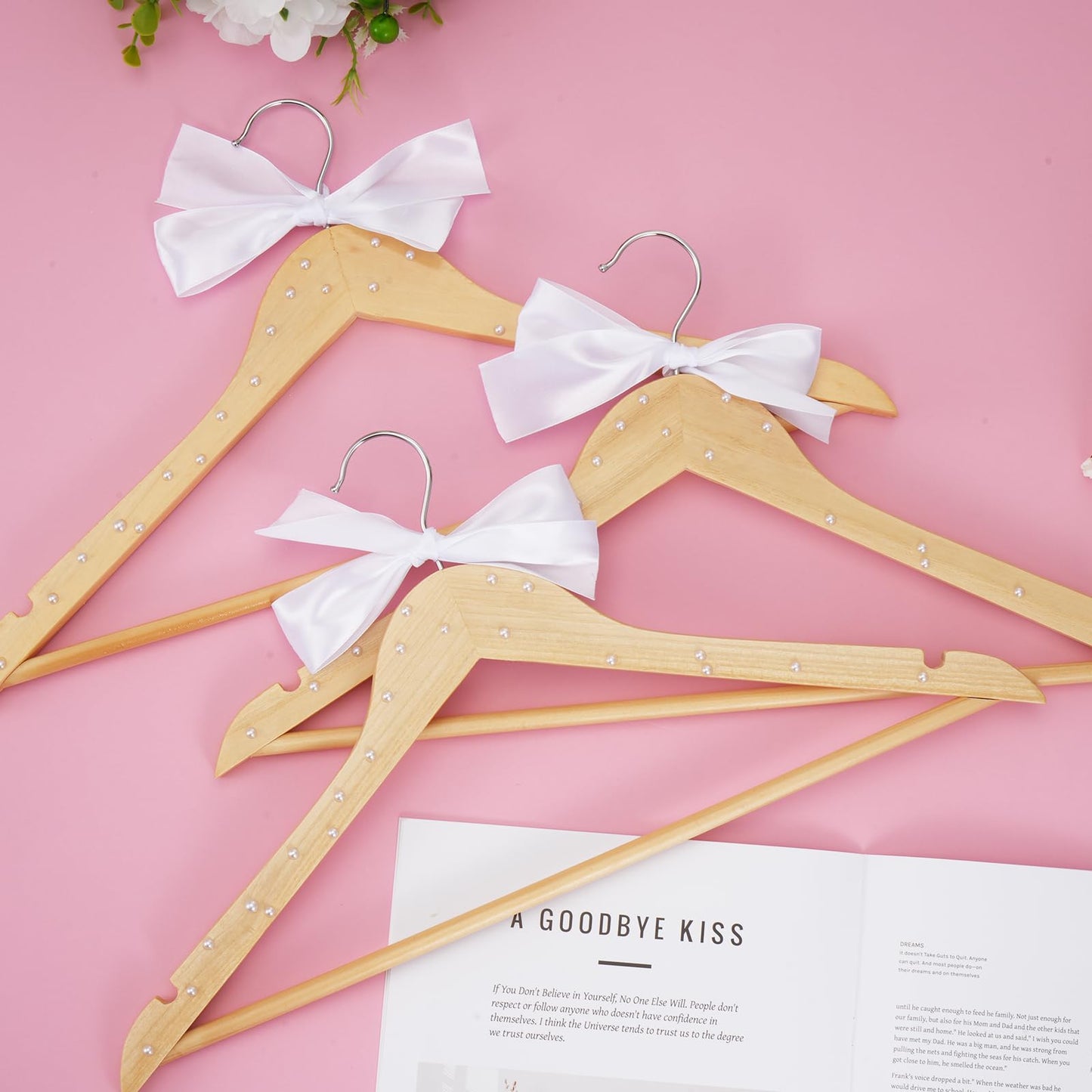 10 Pcs Bridesmaid Hangers for Wedding, 17.5 Inch Wooden Bridal Dress Hanger with Pearls & Bows, Bridal Hangers for Wedding Dress Gown & Tuxedo Suit, DIY Wedding Gift Photo Keepsake
