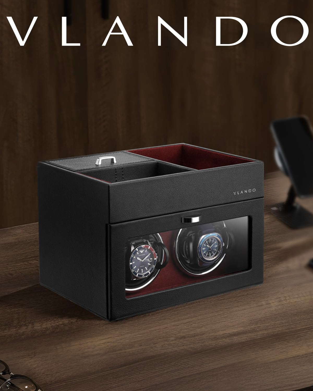 VLANDO Automatic Double Watch Winder - Watch Winder Box with Men Jewelry Organizer Tray, Japanese Quiet Motor, LED Light, Adjustable Watch Pillows - Red