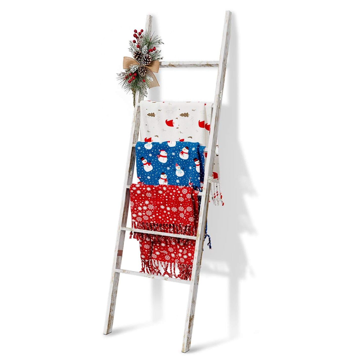 6-Tier Blanket Ladder Wooden, 5.7FT(66.5'') Blanket Quilt Towel Holder Rack Decorative Ladder, Easy Assembly, Rustic Farmhouse Ladder Shelf for the Living Room Bedroom Bathroom Home Decor, White Wash