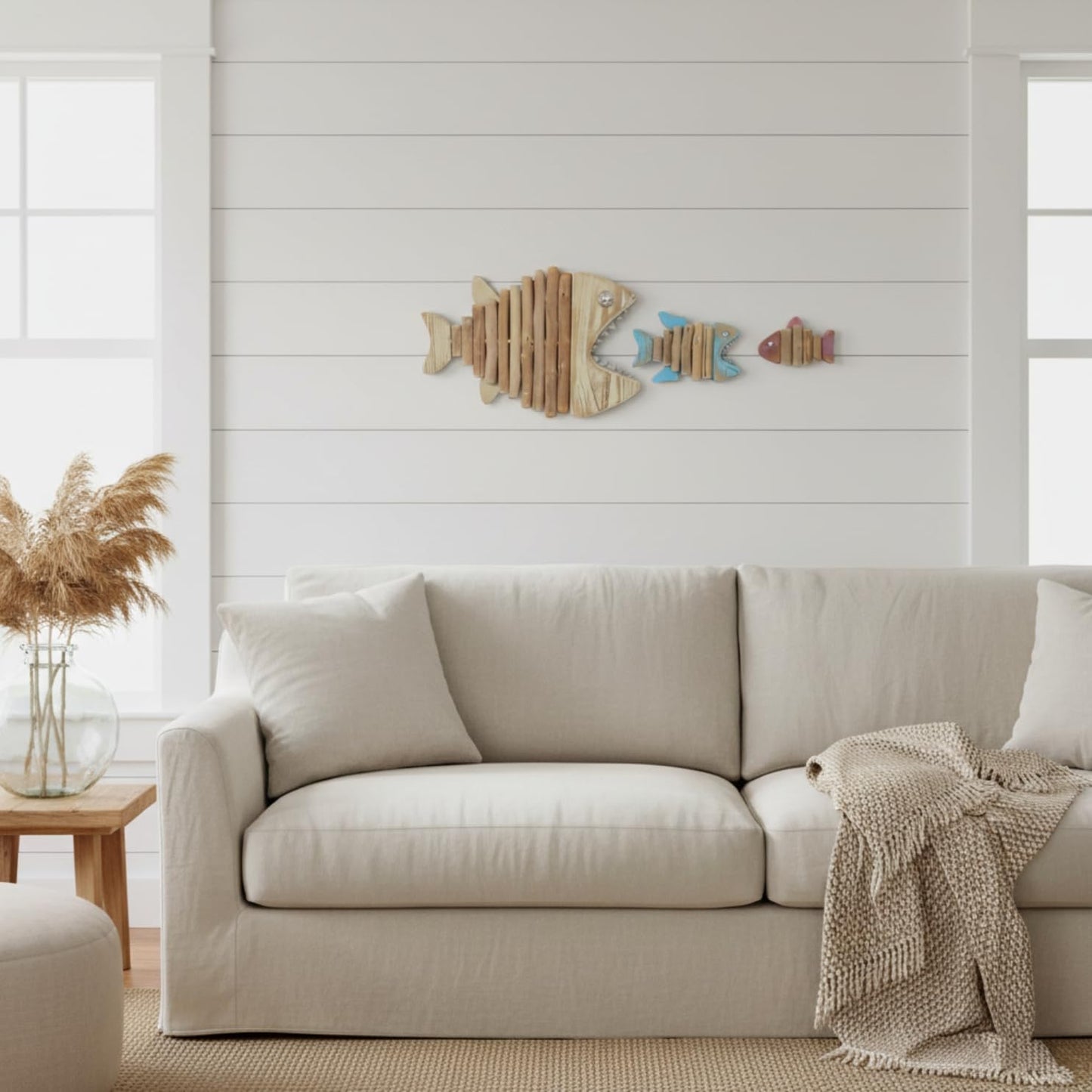 Driftwood Fish 3-in-1 Nautical Wall Decor - Handmade Wooden Rustic Coastal Wall Art for Living Room, Bedroom, Office, Bathroom - Ocean Beach Decoration (Skelly)