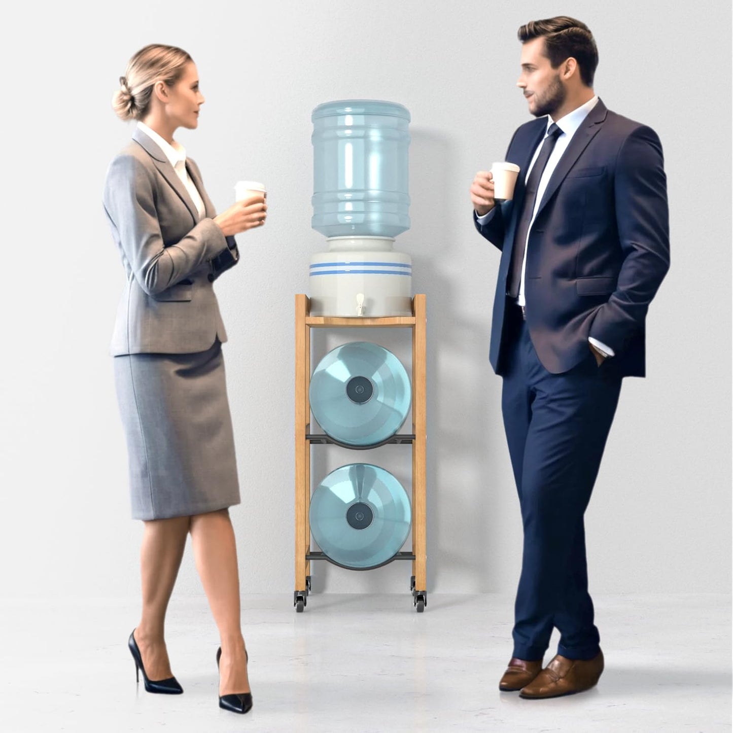 3-Tier 5 Gallon Water Jug Holder with Top Shelf β 4 Metal Wheels or Adjustable Feet β Natural Hardwood Water Dispenser Floor Stand β Wooden Organizer for Kitchen, Office, Garage β Space-Saving Design