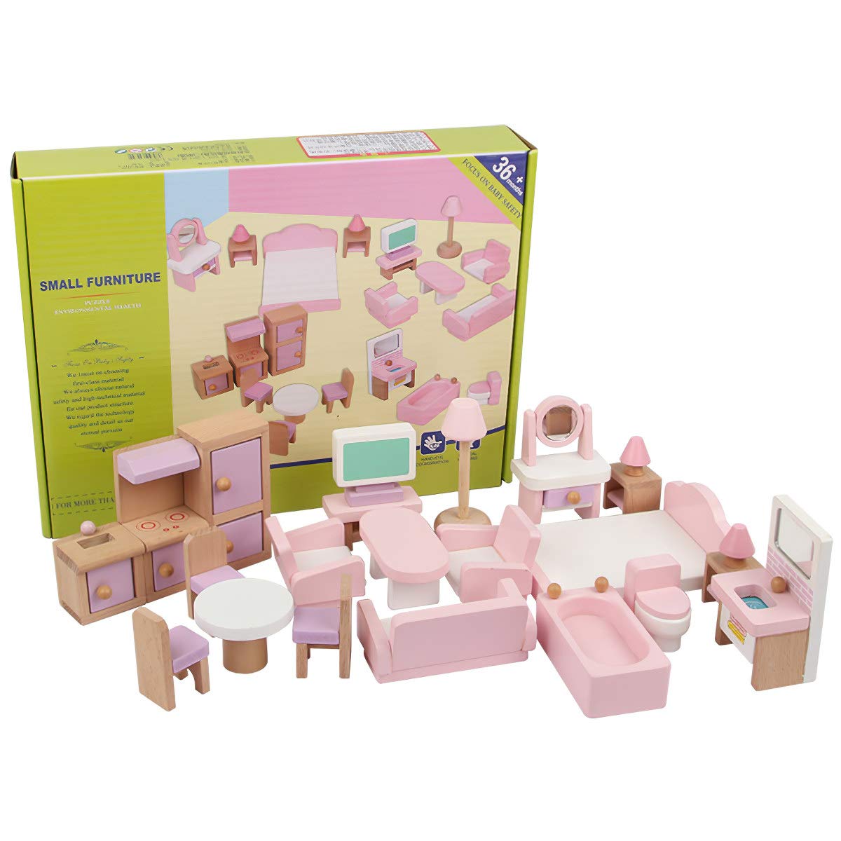 22 Pieces Wooden Mini Furniture Accessories 1:12 Scale Mini Wooden Furnishings for Mini Living Room,Kitchen,Dining Room,Bedroom,Bathroom