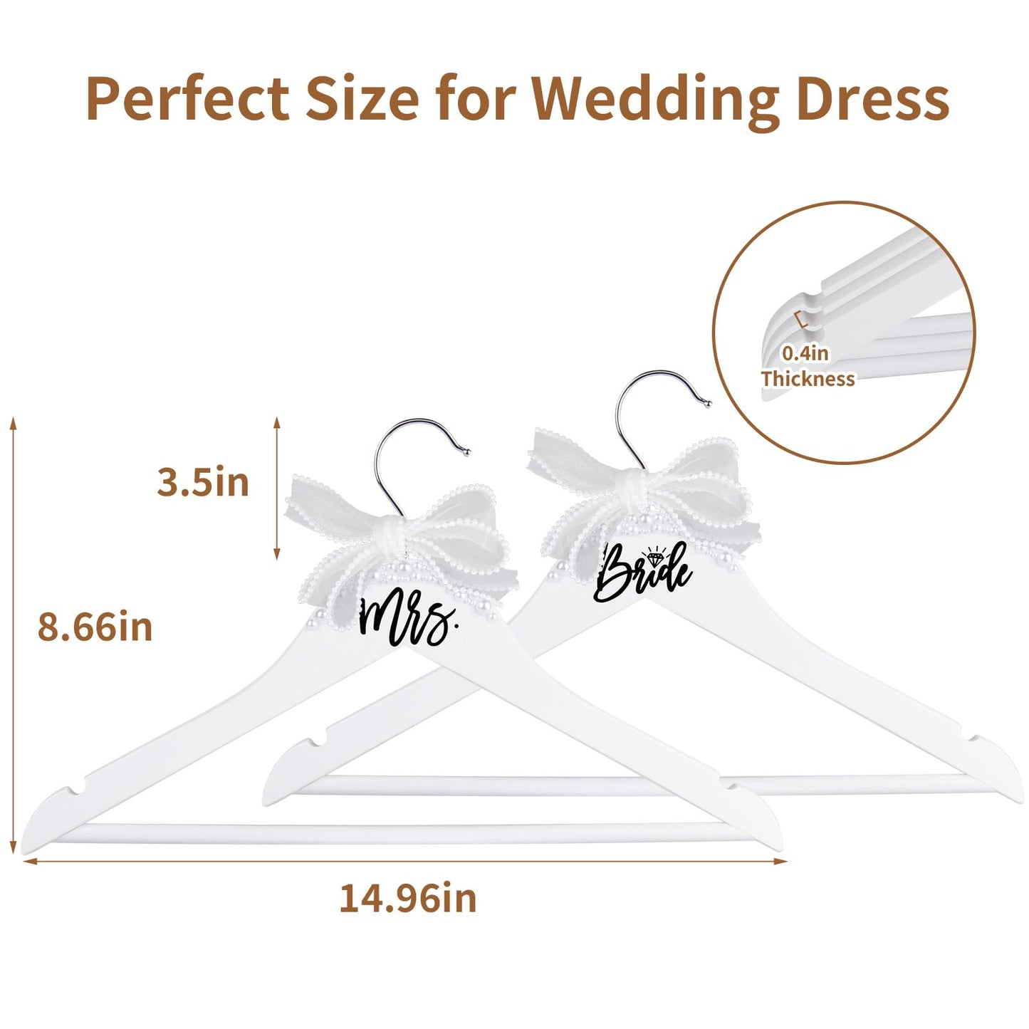 NINTHFIT Bride Hanger for Wedding Dress Wooden Pearl Hangers with Pearl Ribbon Bow Elegant Bridal Mrs Wedding Dress Hanger, 2PCS Personalized Wedding Hangers (White)