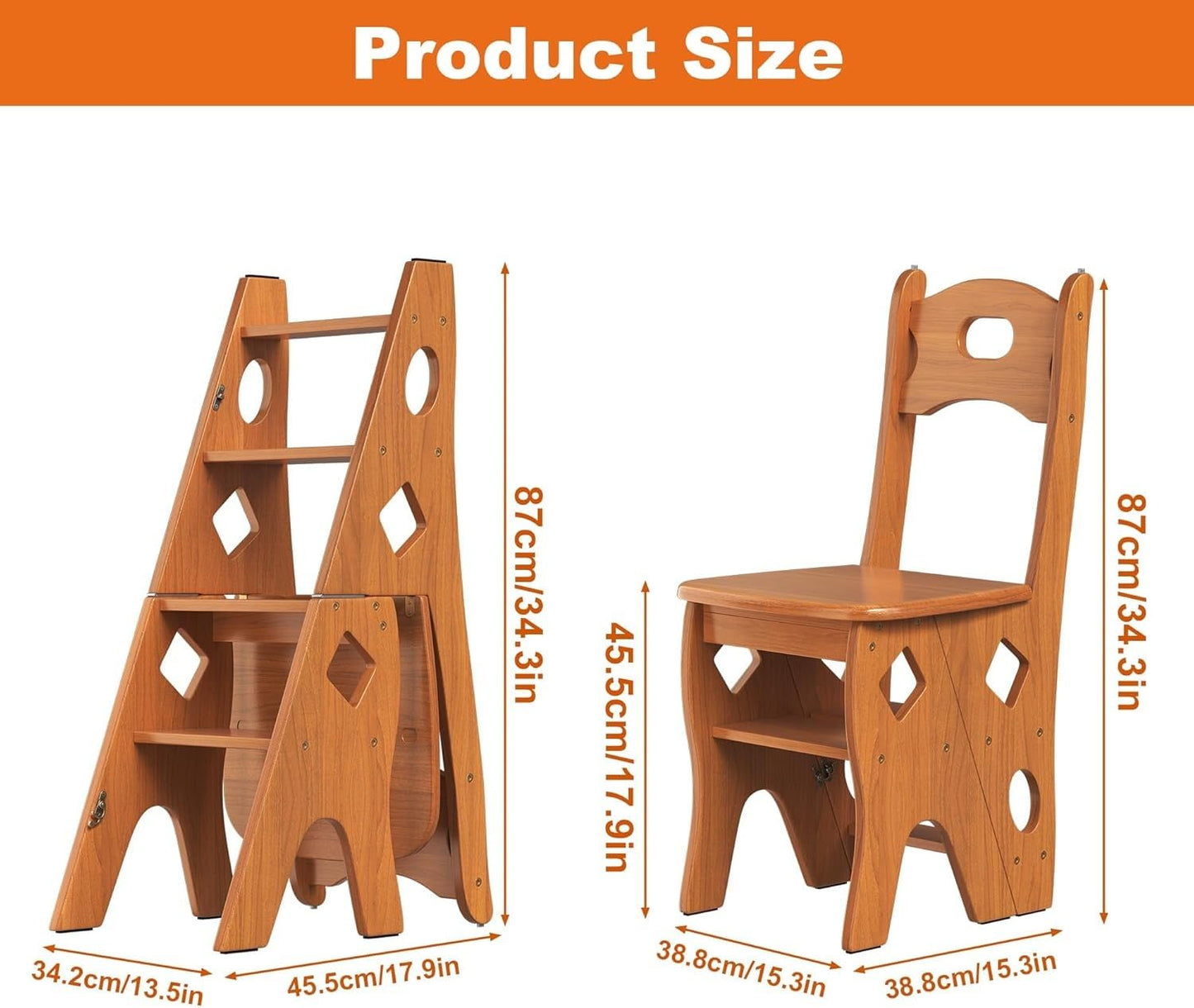 SOTAT Wooden Folding Library Ladder Chair,2 in 1 Lightweight Portable Multifunctional Step Stool, 4-Step Stool Dual Purpose Stepladders, Display Stand and Flower Stand for Home