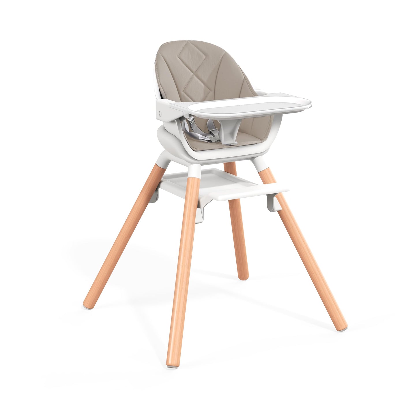 DDIOYIUR Baby High Chair, 6 in 1 Convertible High Chairs for Babies and Toddlers, Easy Clean Highchair with Removable Double Tray, 5-Point Harness, Reversible Footrest, Beech Wood Legs, Champagne