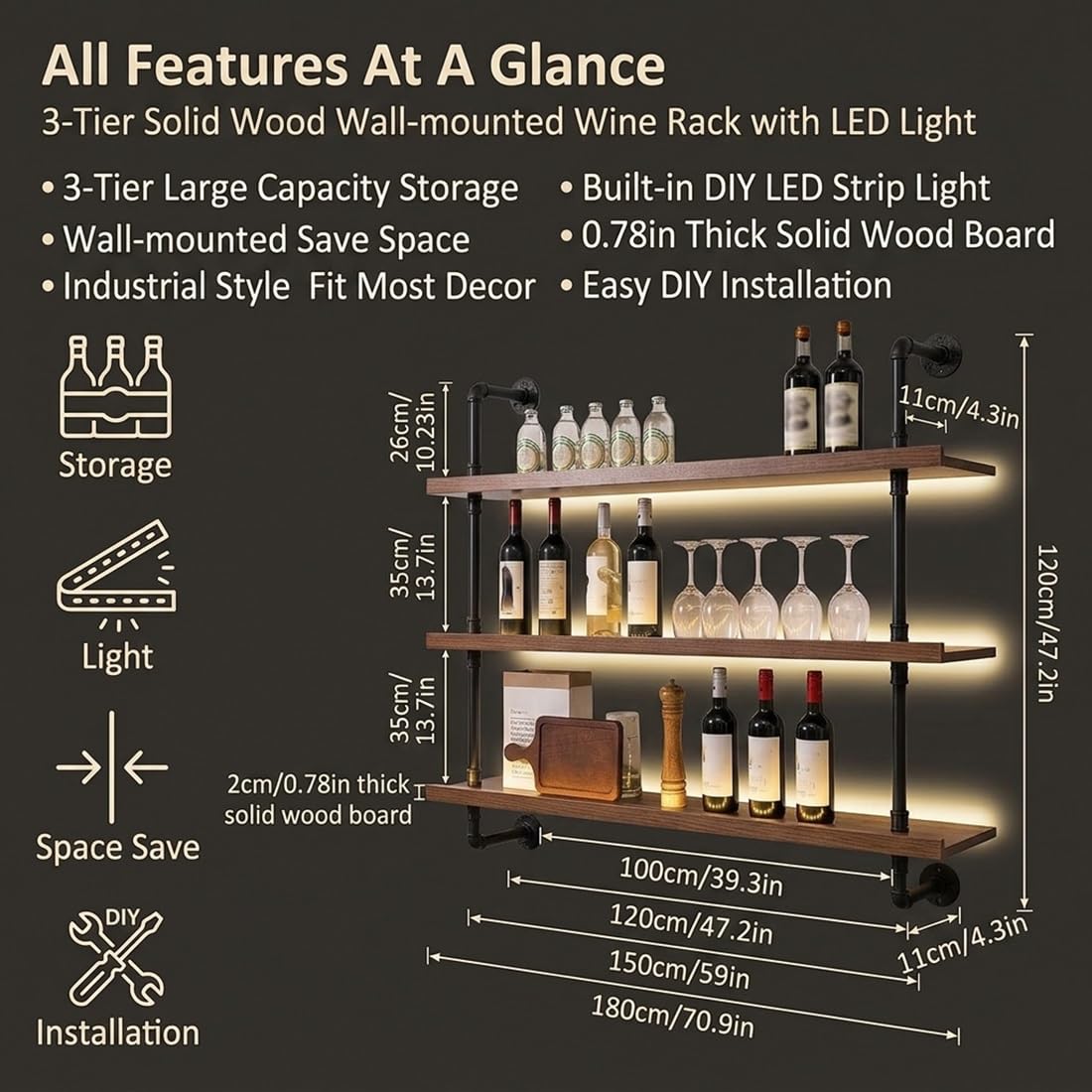 Solid Wood Wine Racks Wall Mounted with LED Lights, Modern Metal Wine Bottles Display Shelf, Industrial Iron Floating Lighted Bar Liquor Whiskey Shelves Rack for Home & Dining Room(100CM/39.3IN)