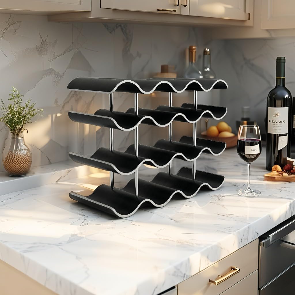 Countertop or tabletop wine rack - Holds 15 bottles of wine - Premium engineered wood 3-tier wine rack - Wavy wine organizer for kitchen, closet, pantry, home, bar