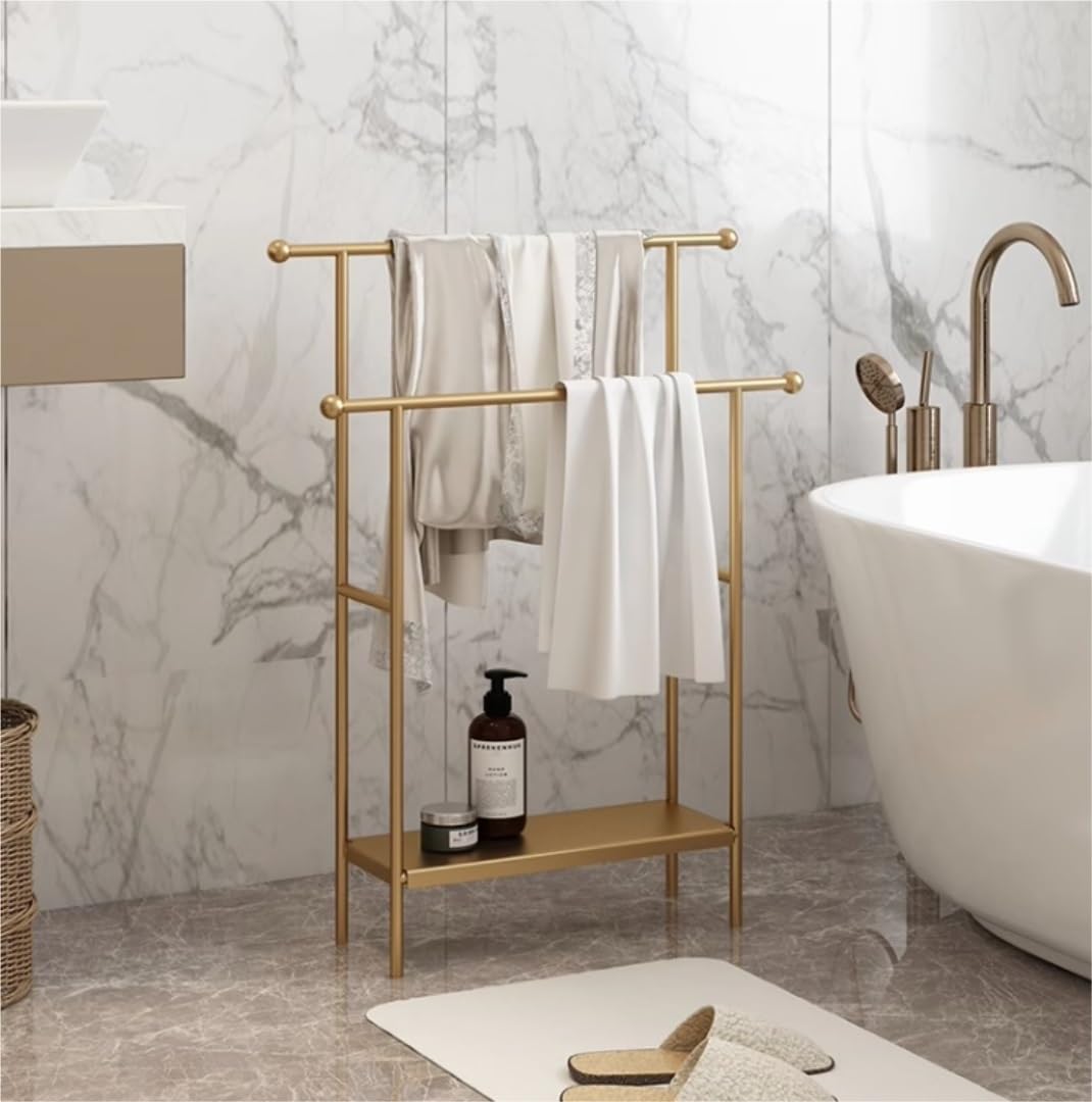 BIOMICE Floor Towel Rack 2 Tier Standing Towel Rack with Storage Shelf Iron Towel Floor Towel Stand for Bathroom Laundry Room Freestanding Towel Racks(Gold)