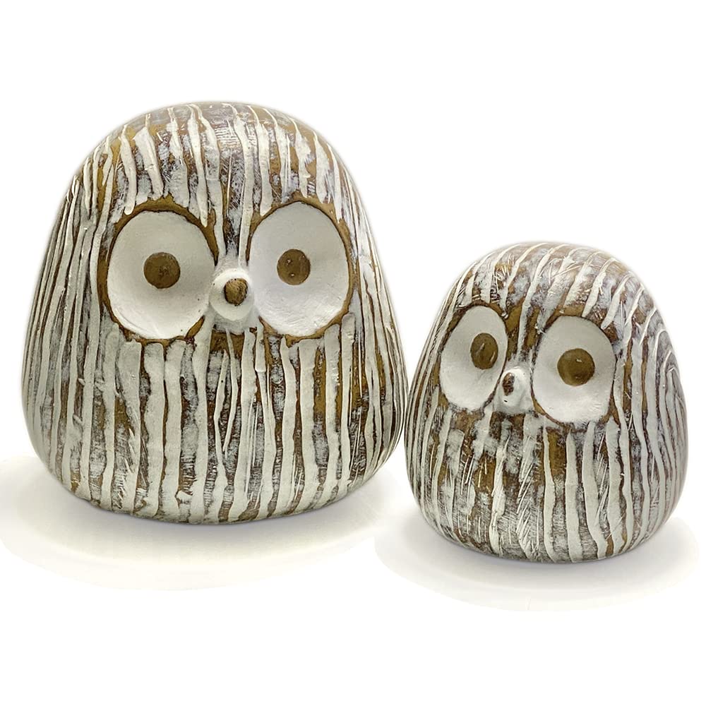 Huey House Chubby Night Owl Decor Statue Sculpture, Bookshelf Decor Accents, Boxed Set of 2, Rustic Brown & White, 3⅛ & 4⅓ Inch Decorative Resin Figurines