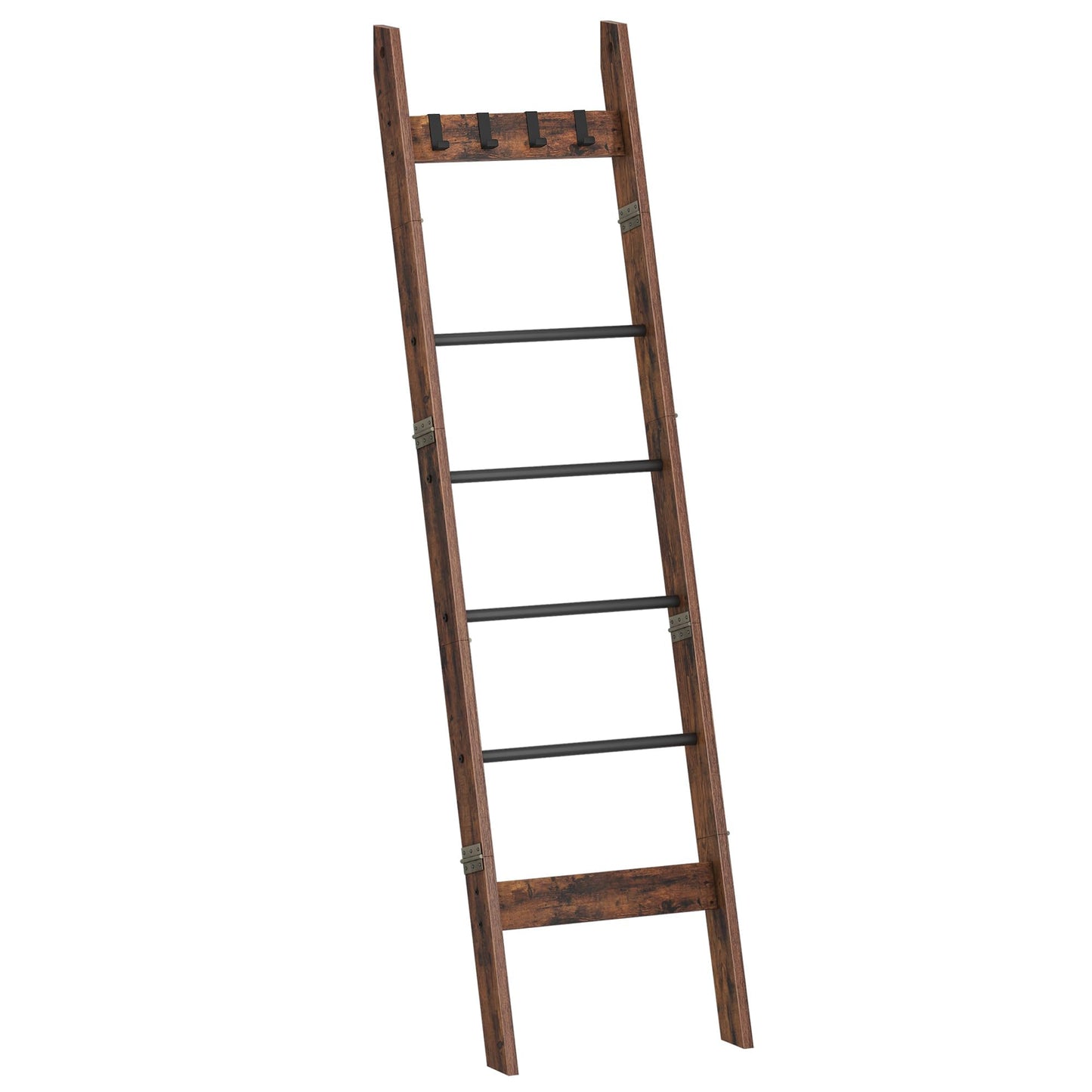 Hzuaneri Blanket Ladder for Living Room, Decorative Quilt Rack with 4 Removable Hooks, 5-Tier Farmhouse Ladder Holder Shelf Organizer for Bedroom, Rustic Brown and Black BR31501B
