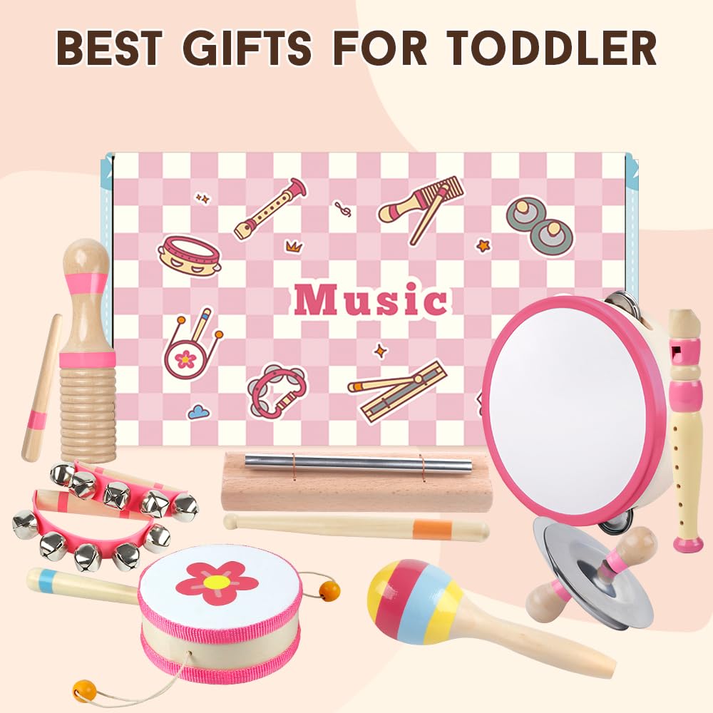 Toddlers Musical Instruments for 18 Month+ Girl,Baby Montessori Wooden Musical Toys for Toddlers,Kids Musical Toy for Preschool,Christmas Birthday Gift for Baby Girls Pink 8 in 1