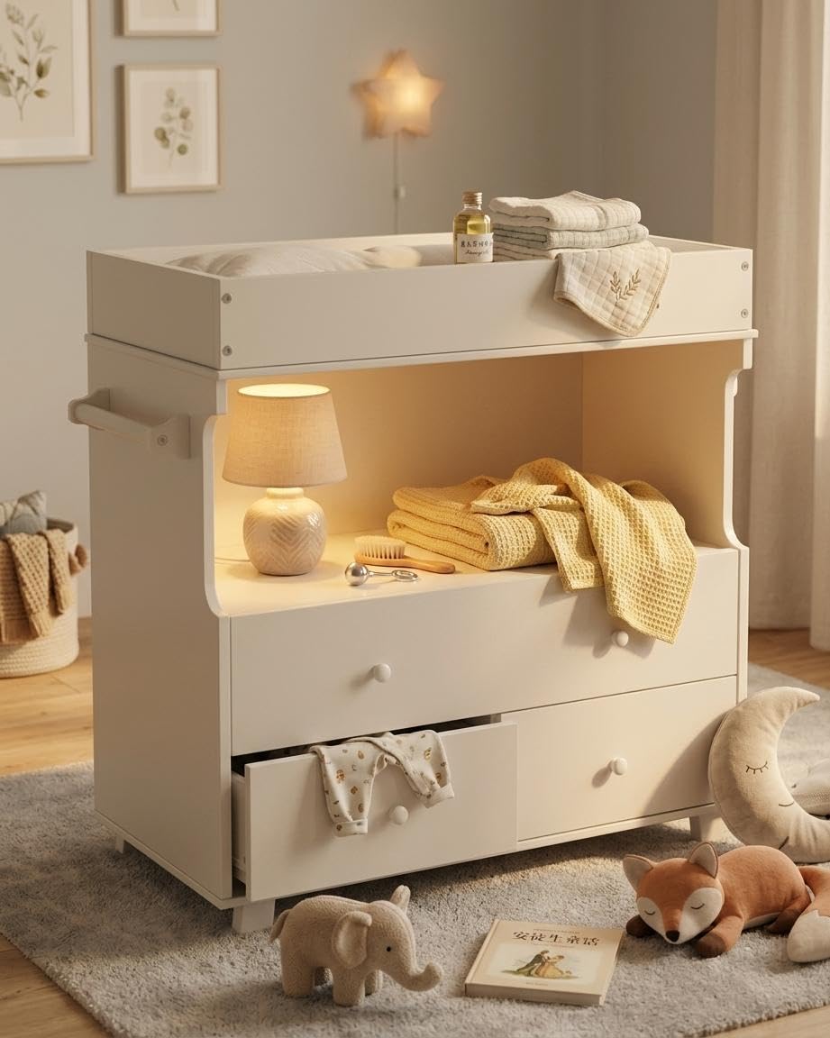 Garvee Baby Changing Table with Drawer and Storage Shelves, Heavy Duty Diaper Station for Nursery, White Wooden Changing Table with Safety Rails for Newborns