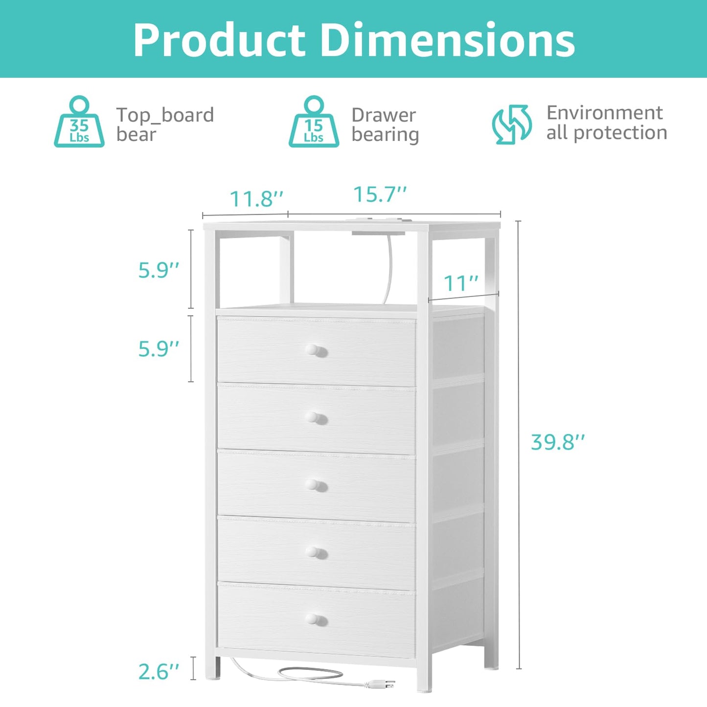 BOLUO White Dresser with 5 Drawers Tall Nightstand with Charging Station and LED Light, Bedside Table Room Storage Drawers Closet