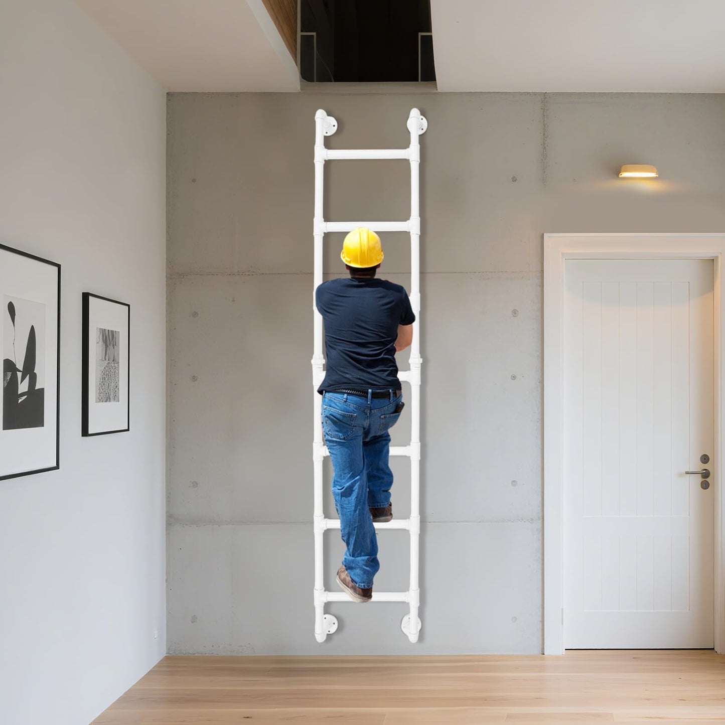 7-Rung Wall Mounted Ladder,7FT Light-Weight Metal Egress Window & Loft Ladder for Basement,Multi-Functional Wall-Mounted Indoor Climb,330.69LBS Load for Small Spaces & Storage,White