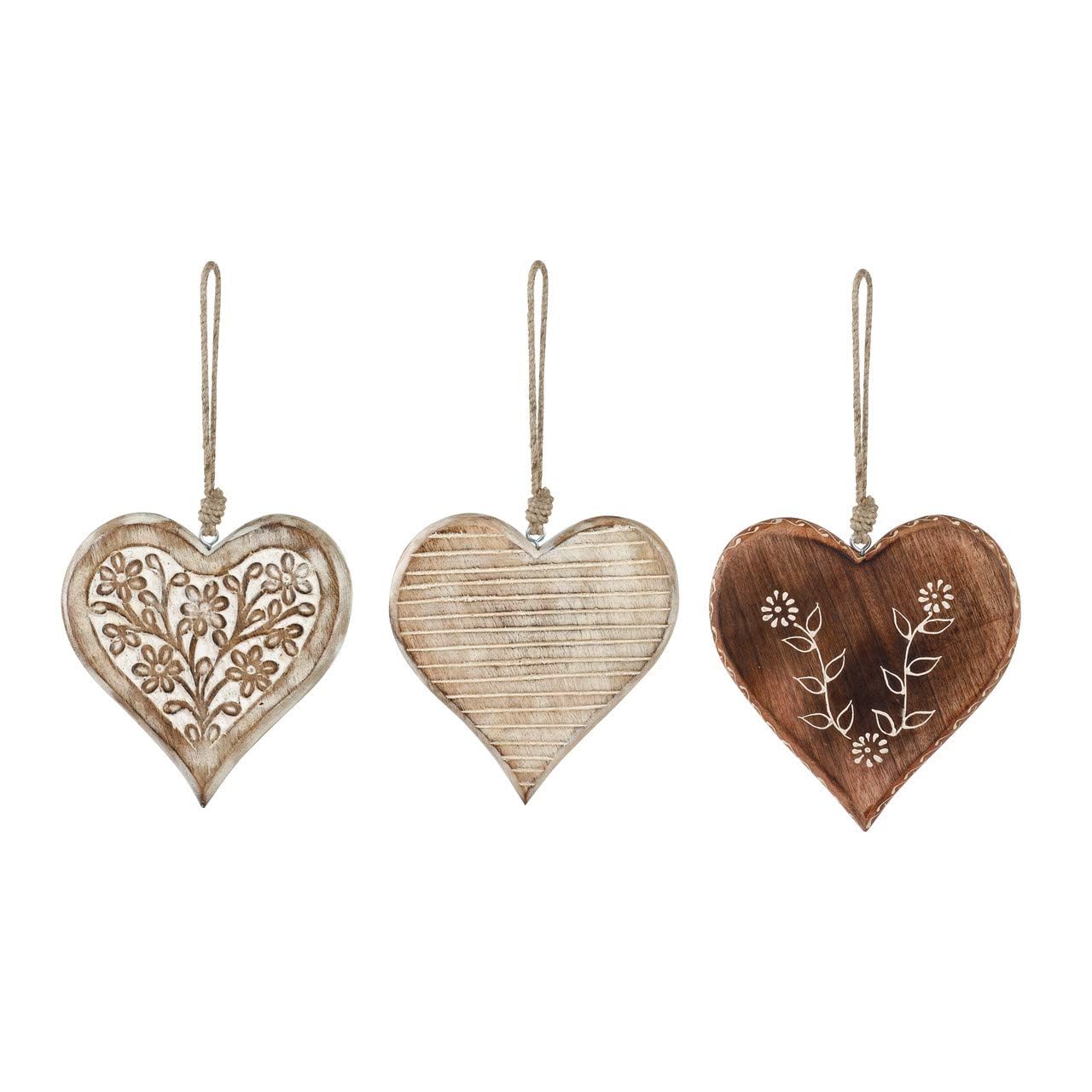 DEMDACO Floral Heart Whitewashed 5 x 5 Mango Wood Christmas Ornaments Set of 3