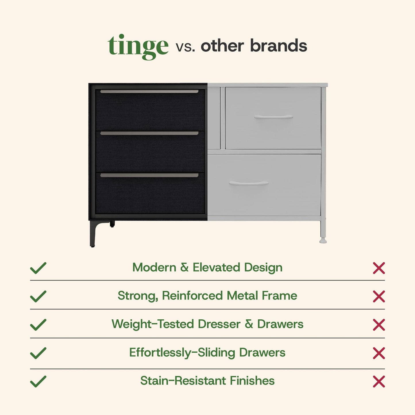 tinge Naima Premium 6 Drawer Fabric Dresser - Heavy Duty Metal Frame with Sag-Proof Storage Drawers for Clothes - Durable Black Bedroom Chest & Sleek Metal Handles