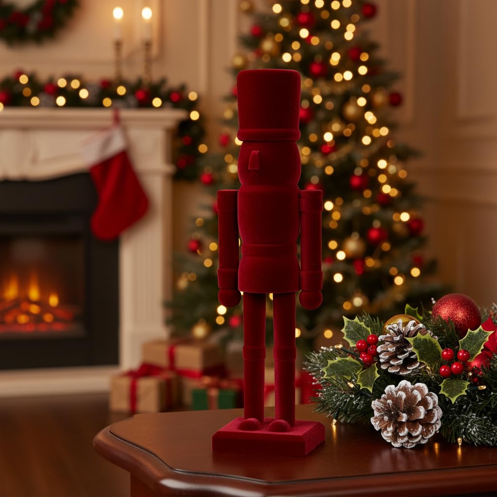 PIONEER-EFFORT Luxury Red Velvet Nutcracker Soldier Figurine - 12 Inch Tall Wooden Christmas Decoration - Festive Holiday Mantel & Tabletop Decor - Elegant Collectible Ornament (FLK-Red, 30CM)