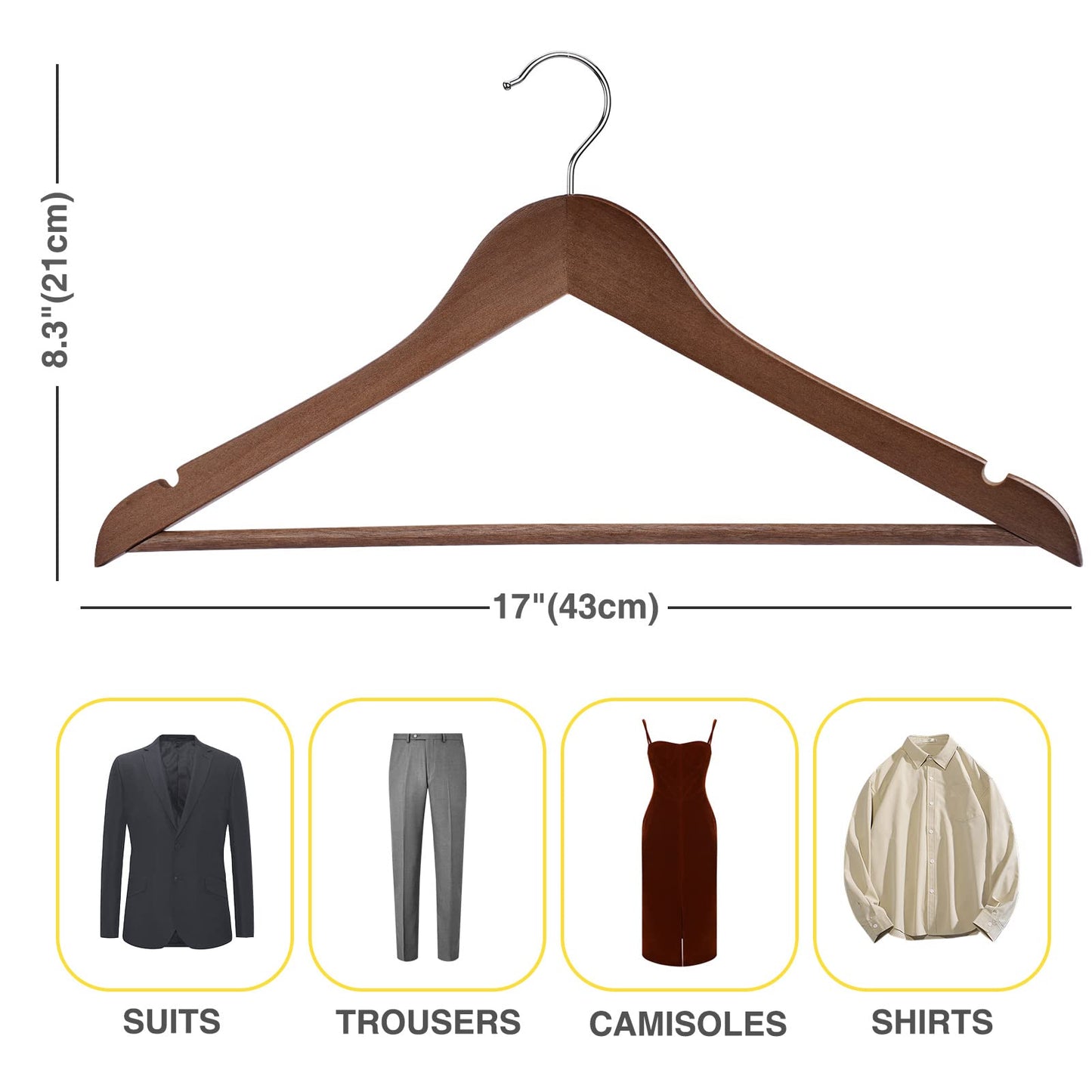 Uinicor Wooden Hangers 10 Pack,Heavy Duty Wood Coat Hangers,with 360-degree Hook,Smooth Finish Wooden Clothes Hangers with Non Slip Pants Bar, Sturdy Clothes Hangers for Shirts,Suit(Walnut)