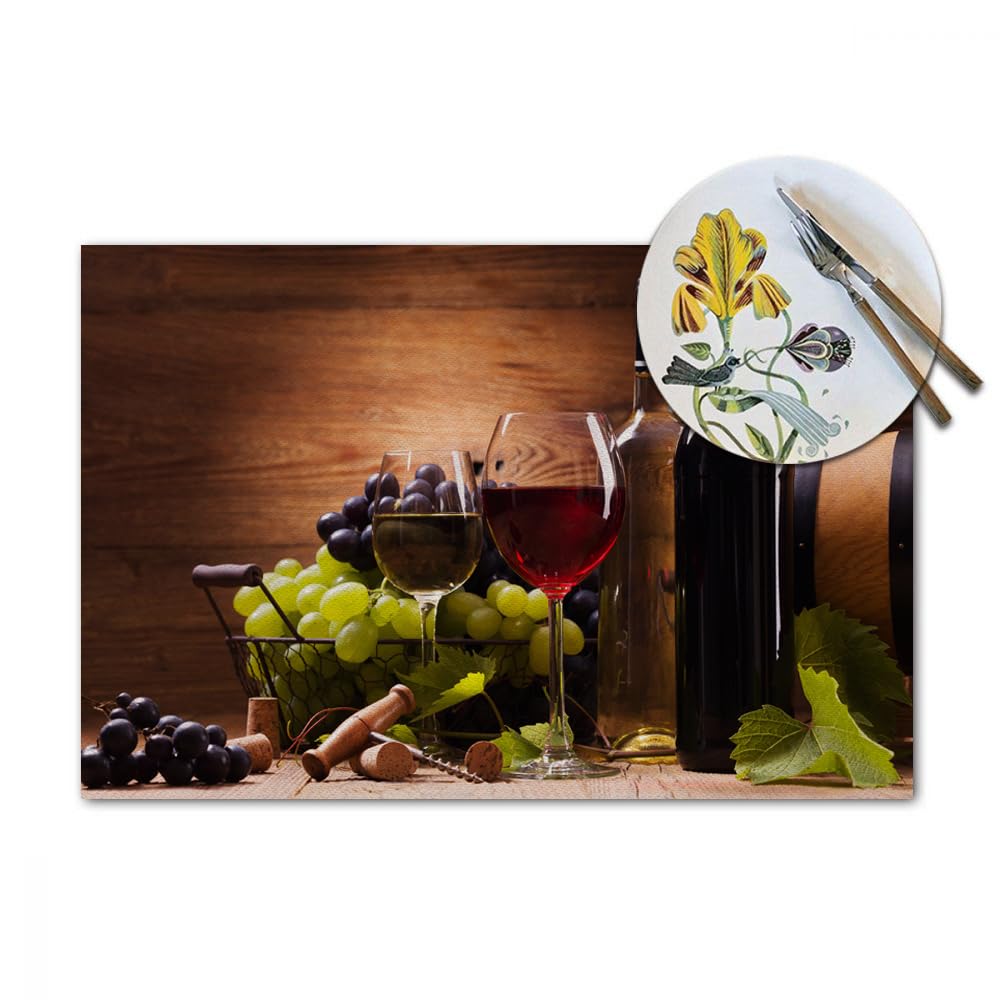 Y YIHANGBEST Red Wine Glasses Cloth Placemats Linen Dinner Mats Served with Grapes on Wooden Wipeable Set of 4 Placemats Table Pads Indoor Table Protectors Non Slip,12 * 18 Inch