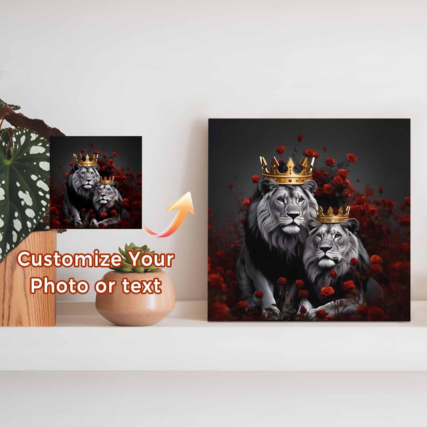Wood Box Sign Desk Decor Lions King Red Rose Flower Square Boxes Sign, Crowns Black Animal Art Wooden Block Box Sign Decoration for Home Wall Tabletop Shelf Office Decor,6x6IN