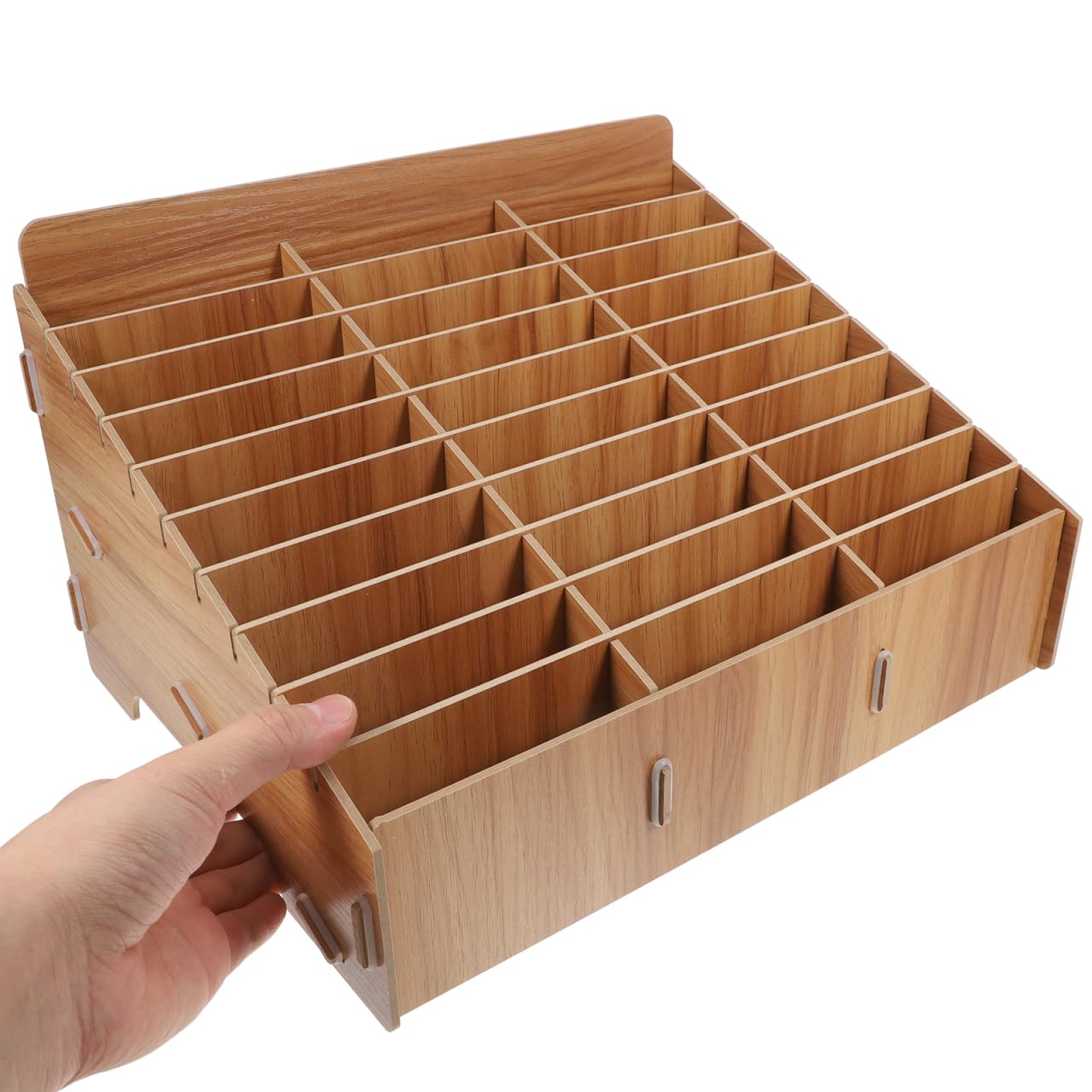ULTECHNOVO 30-Slot Wooden Phone Caddy for Classroom Multi-Grid Mobile Phone Storage Box Organizer for Office and Meeting Room Desktop Cell Rack