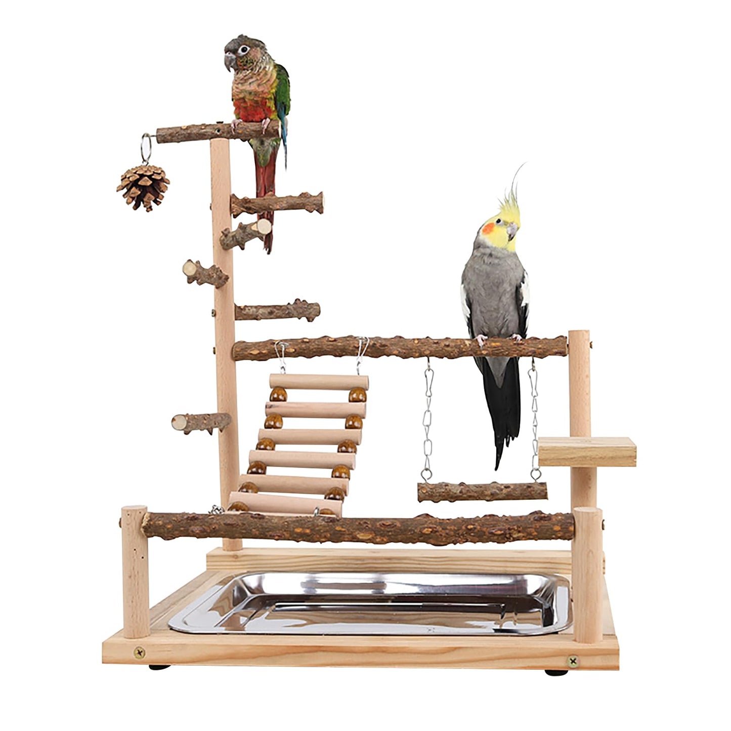 RoseFlower Bird Playground, Parrots Wooden Playstand, Birdcage Playground Play Gym Parakeet Playpen Ladder with Feeder Cup and Tray, Bird Toys Swing Exercise Toy