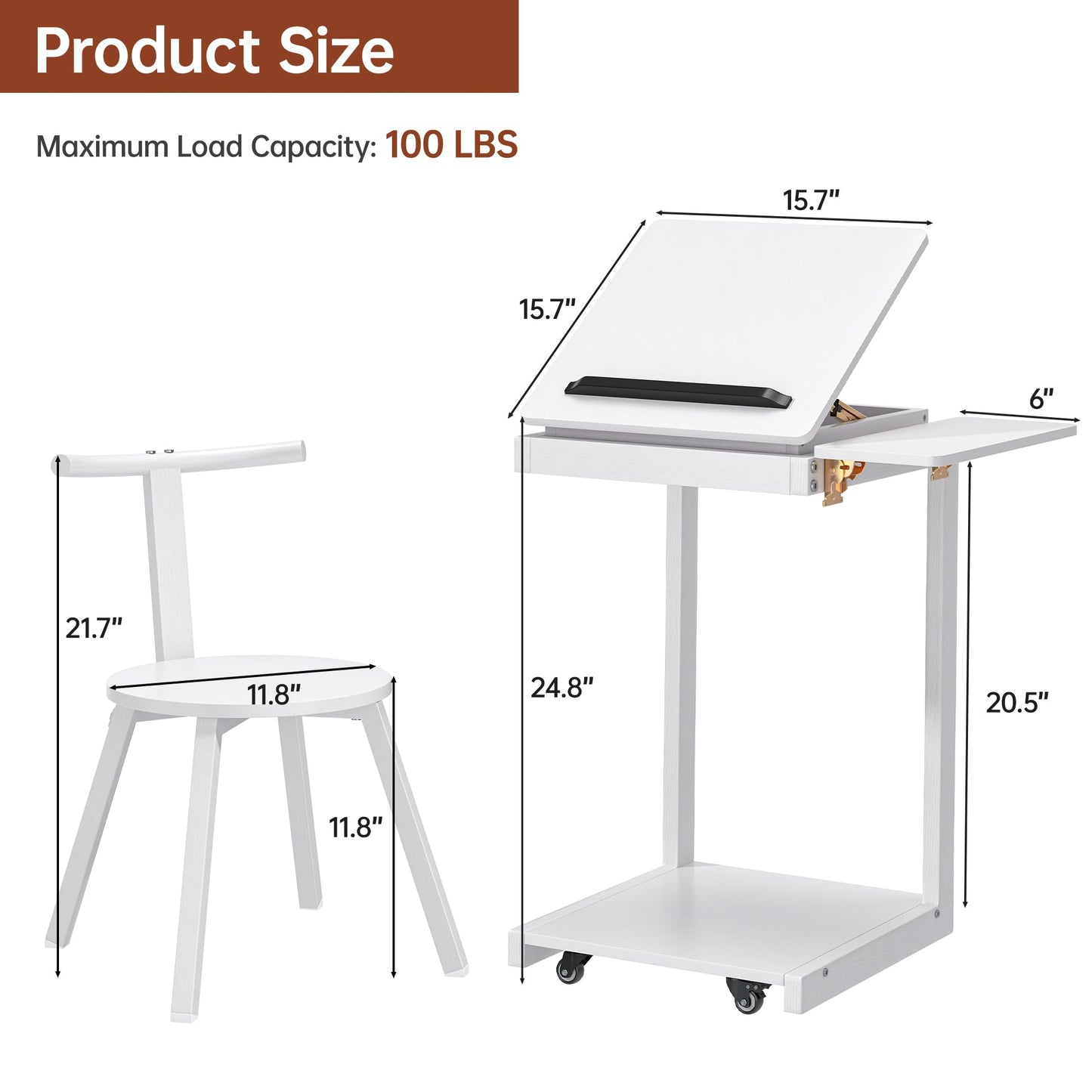 OtterOasis C Shaped End Table, Rolling Side Table with 4-Way Convertible Desktop, Wooden C Table with Multi-Functional Folding Tray & Small Chair, Side Table for Couch, Living Room, Bedroom, White