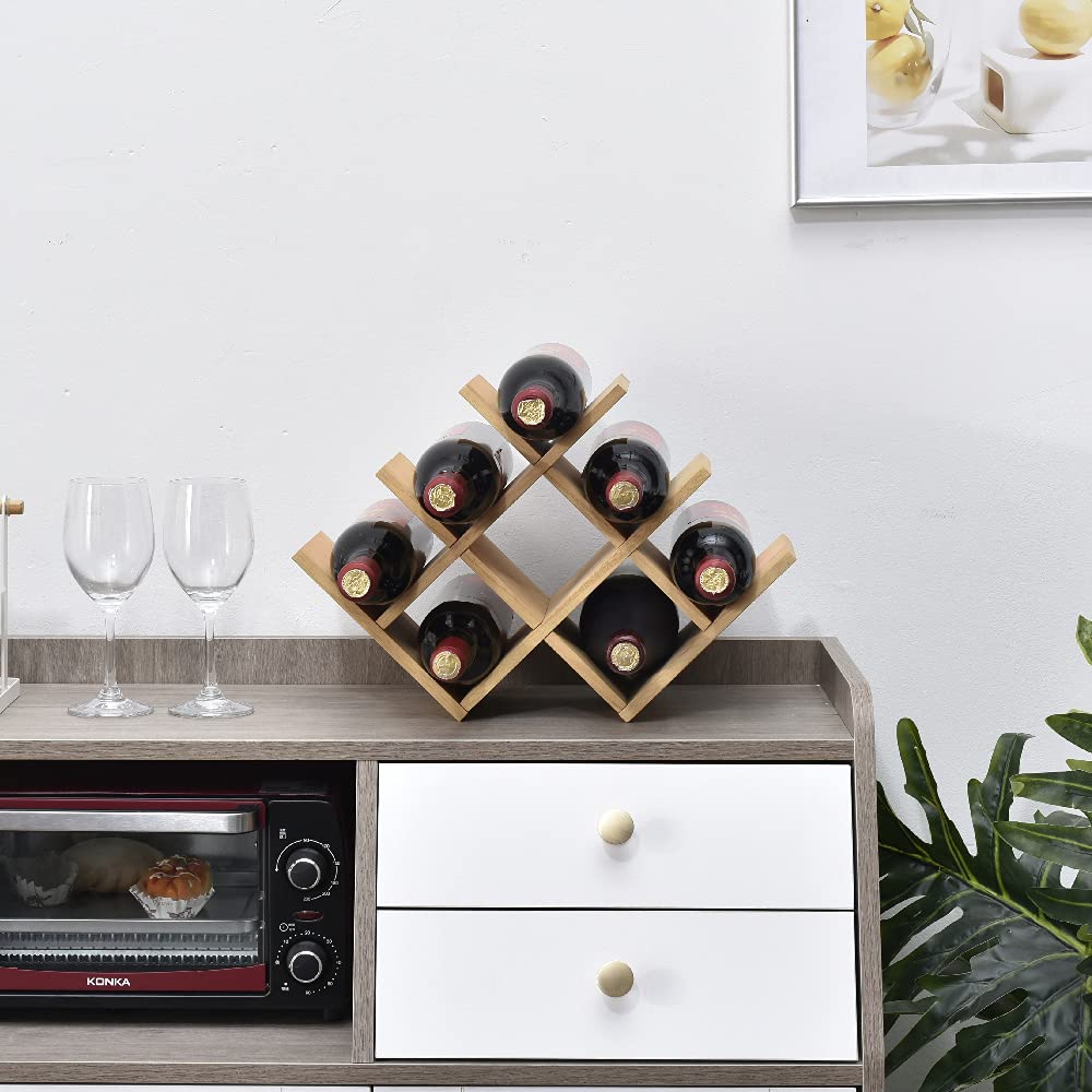 KIRIGEN Wooden 8-Bottle Wine Rack, 3-Tier Countertop Wine Bottle Holder for Cabinets, Bar Cart, Kitchen Counter, Pantry, Dining Room, Wood Stain, 16.73 x 5.91 x 11.14 in, XHJJ3-NA