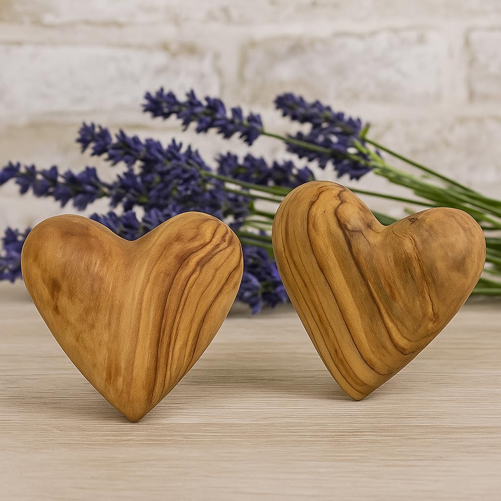 Zuluf Set of 2 Olive Wood Hearts 2 x 2 Hand Carved Wooden Heart Rustic Farmhouse Table Centerpiece Wedding Decoration Valentine Home Gift Sympathy Keepsake Made in Bethlehem w/Certificate