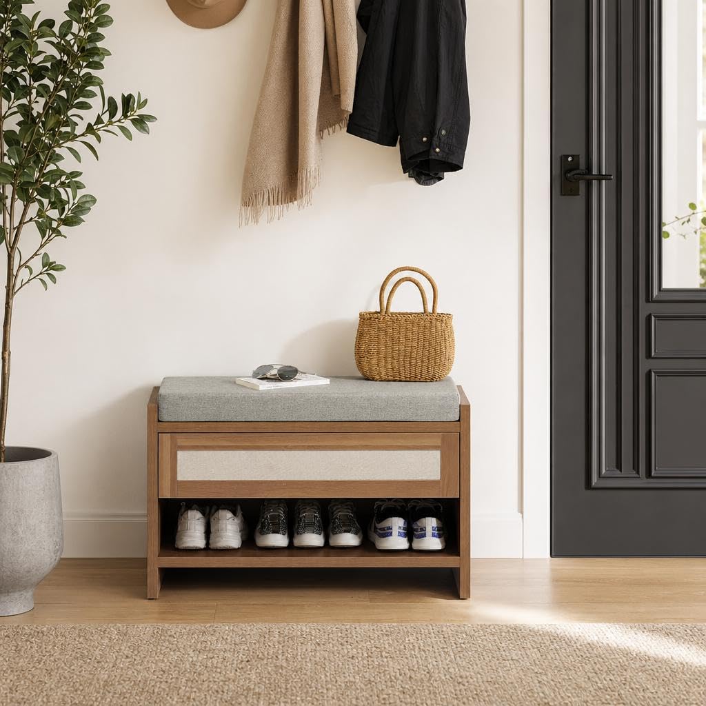 GarveeHome 2 Pack 31" Rattan Entryway Shoe Bench with Storage Drawer & Padded Linen Seat – Farmhouse Wicker Bench Organizer for Hallway, Front Door & Bedroom,Caramel Oak
